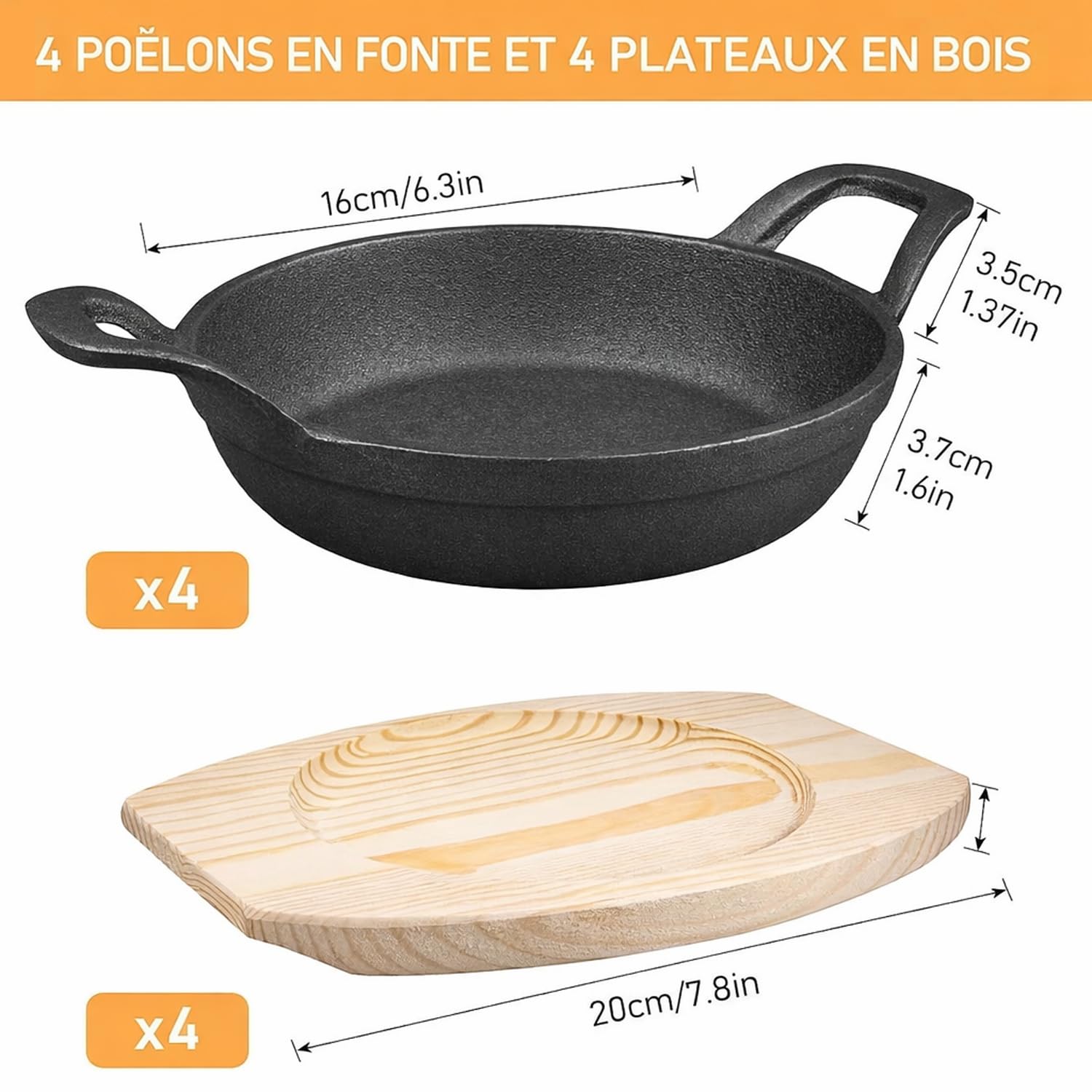 Lot de 4 Mini Poêles en Fonte 16 cm avec Plateaux en Bois et Poignées | Poêlons à Servir 450 ml pour Tapas, Œufs, Gratins, Desserts, Four, Induction, Gaz, Grill et Service à Table