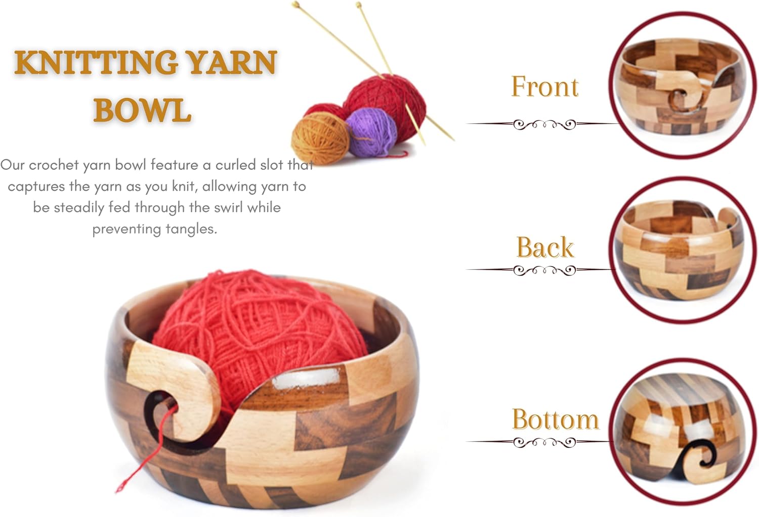 Large Wooden Yarn Bowl | Handmade Knitting Wool Storage Bowl | Yarn Holder Dispenser with Holes to Prevent Slipping and Tangles for Knitting & Crocheting (Multicolor)