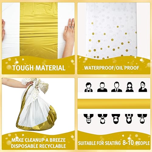 Miniatura 3 de hapray Paquete de 4 manteles de plástico para mesas rectangulares, manteles desechables de fiesta, fundas de mesa de puntos dorados para