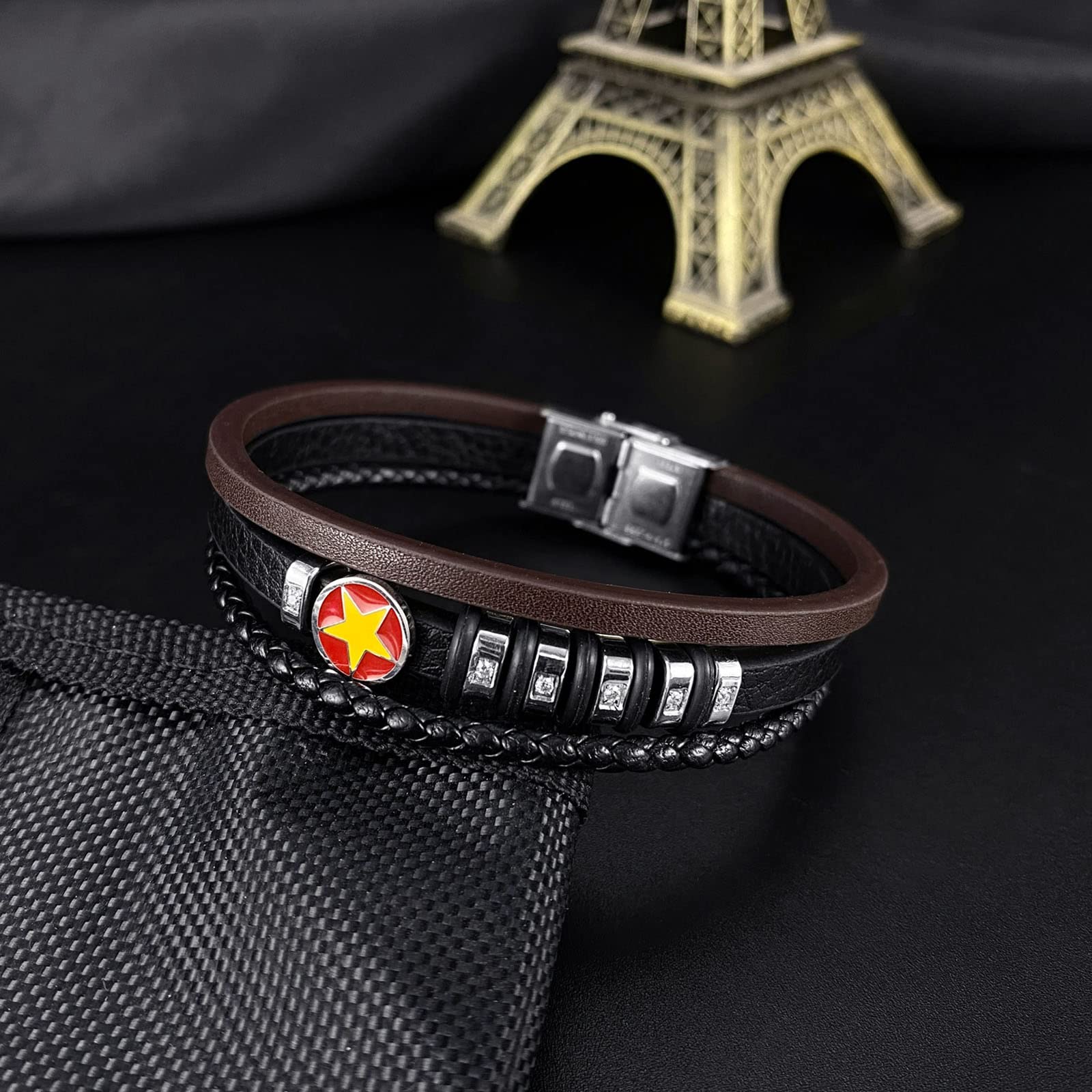 Pulsera de Hombre Pulsera de Cuero Pulsera de Acero Inoxidable Pulsera Trenzada Multicapa Trenzado Moda Circón Amarillo Pentagrama