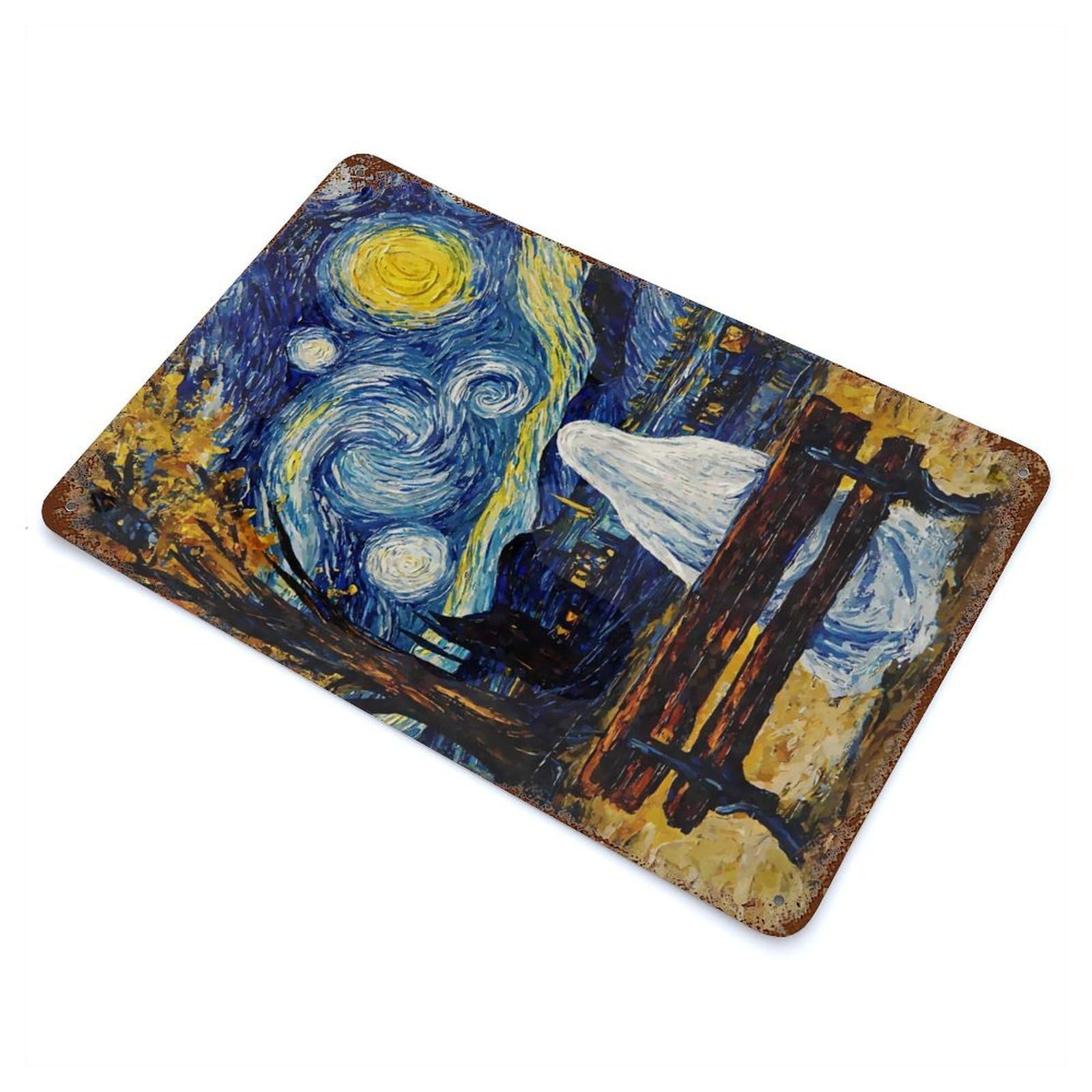 Ghost Starry Night 11.8"x7.9" Aged Metal Wall Plaque, Retro Wall Decor for Farmhouse, Kitchen And Entryway Decor
