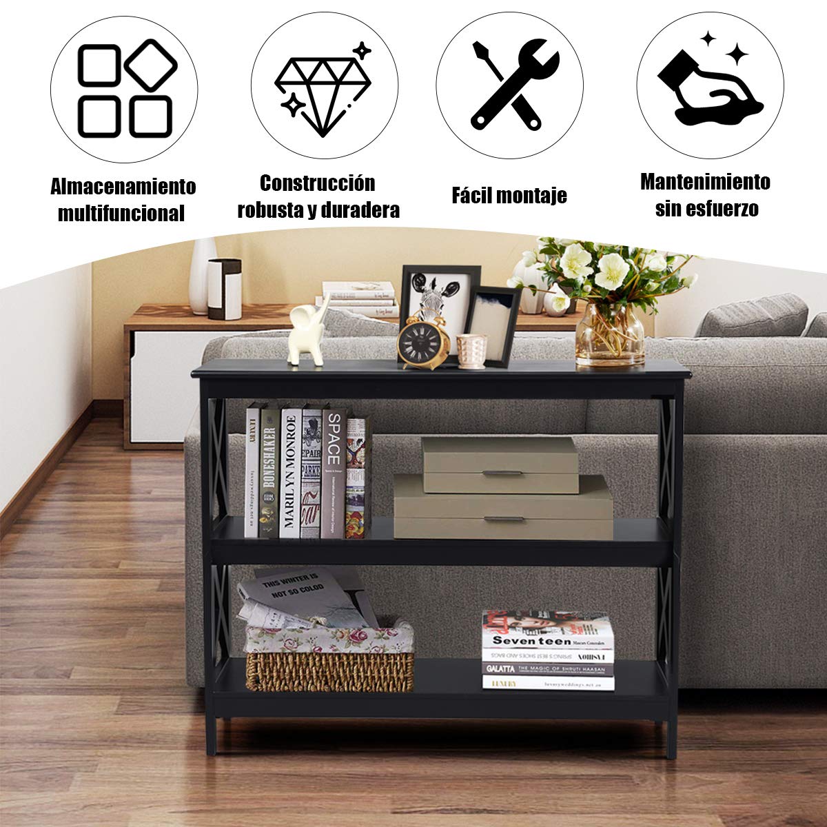 COSTWAY Mesa Consola Mesa Auxiliar de 3 Niveles Mesita con Estante Estantería 100x30x80 centímetros Mueble para Salón Pasillo (Negro)
