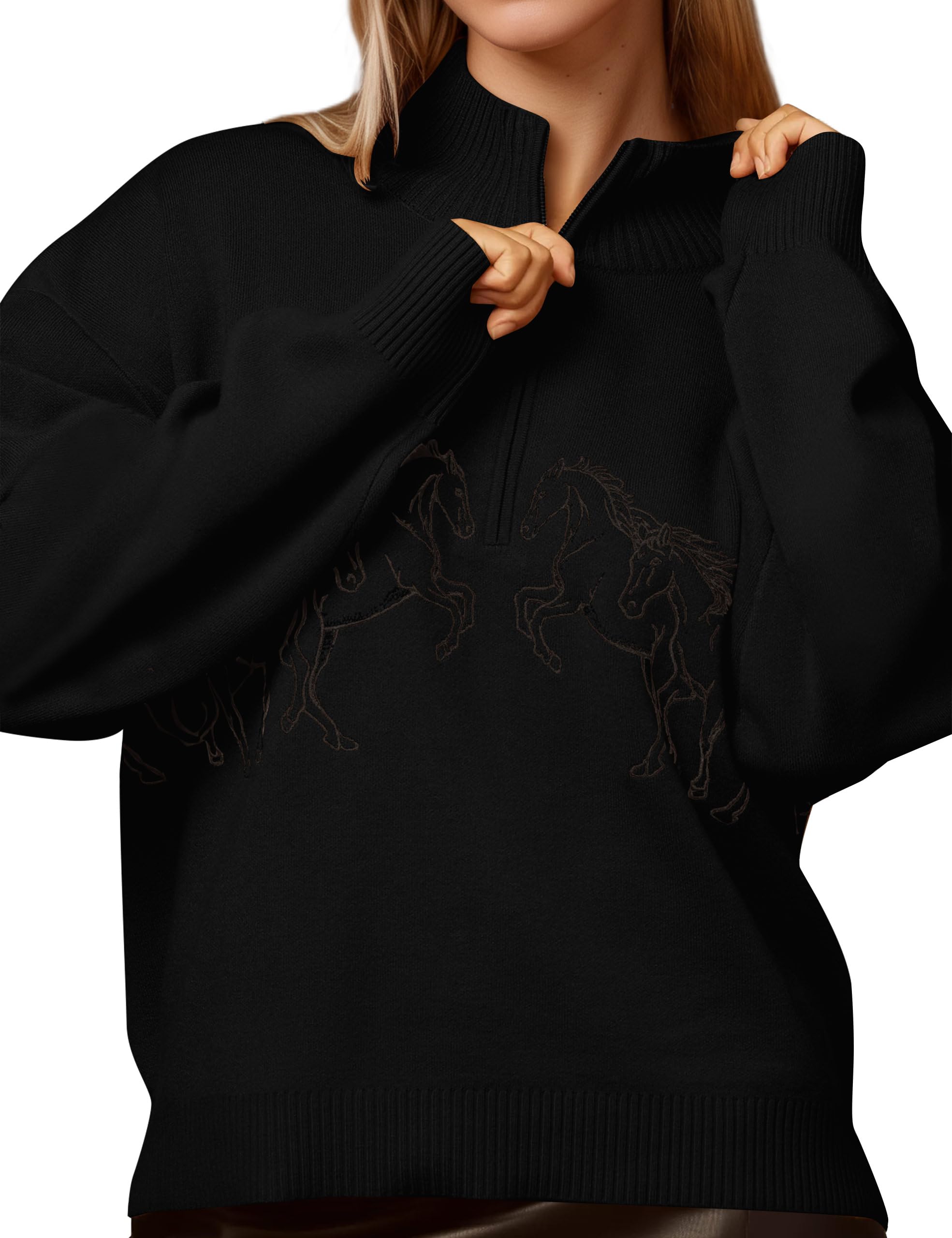 OLAPTA Womens Horse Print Sweaters Quarter Zip Stand Collar Long Sleeve Loose Knit Top Graphic Casual Fall Pullover
