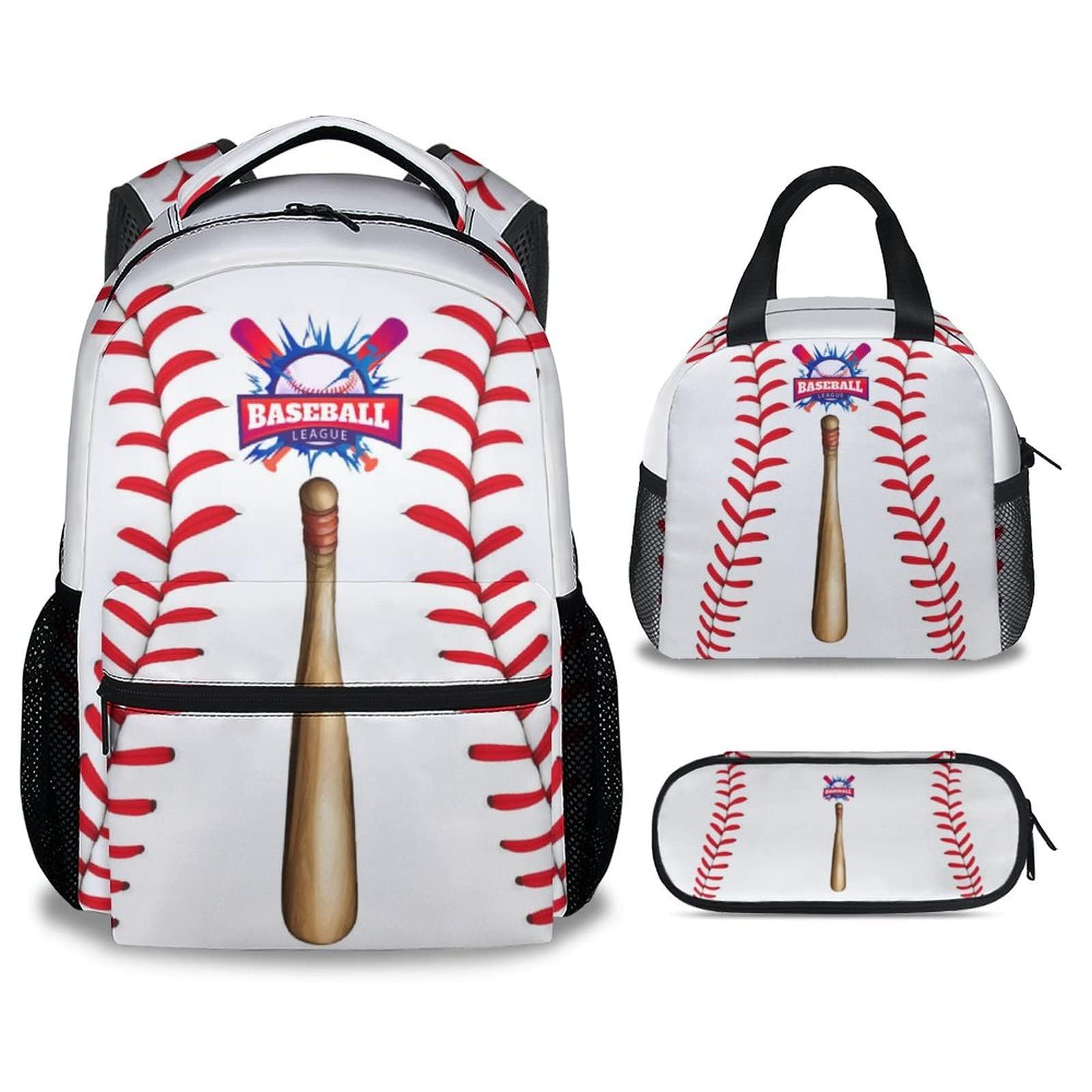XaocNyx Baseball Backpack with Lunch Box and Pencil Case Set, 3 in 1 Matching Boys White Backpacks Combo, Cool Bookbag and Pencil Case Bundle