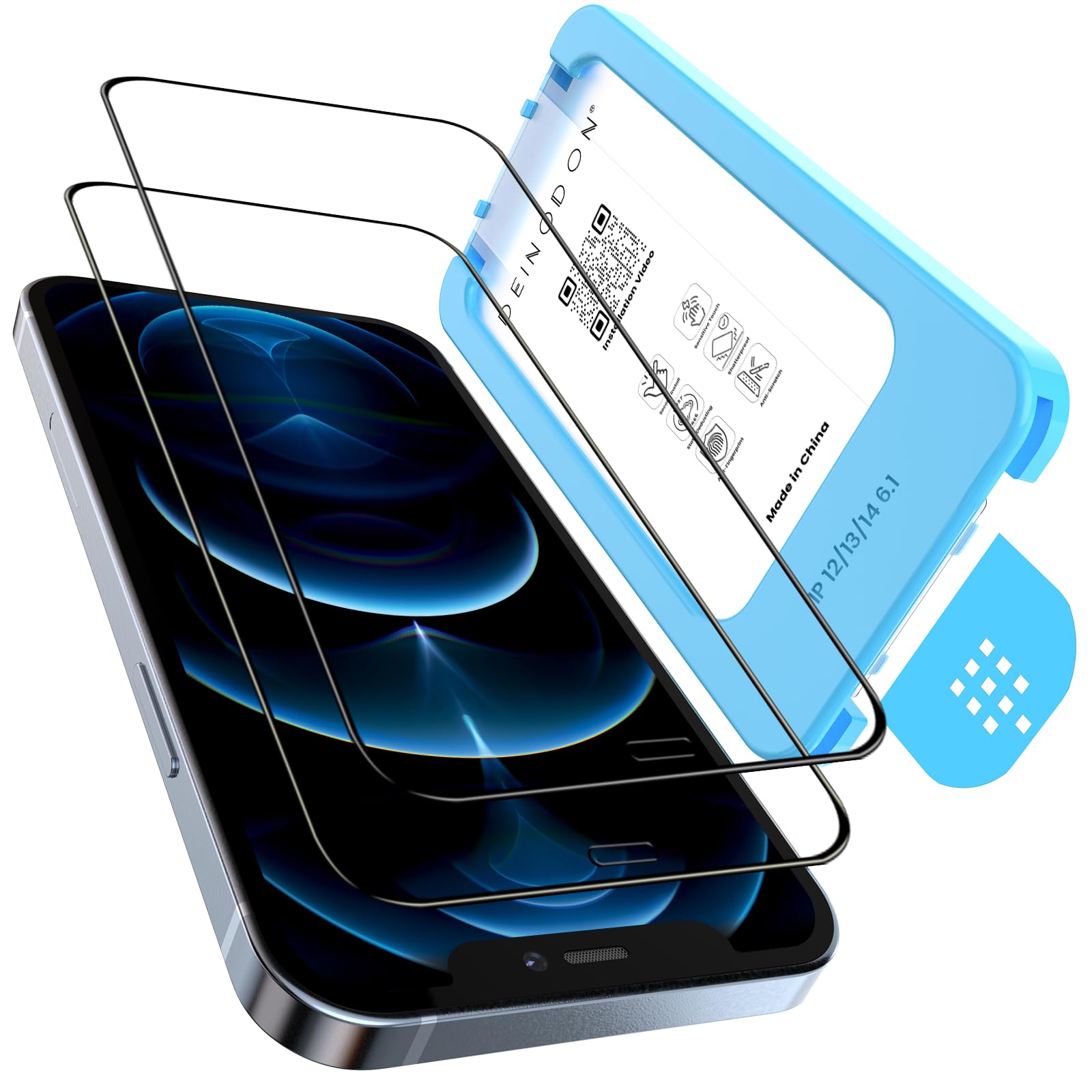 DEINODON für Panzerglas für iPhone 12/12 Pro, [Auto-Installation] 100% Blasenfrei, 9H+ Schutzglas Militärschutz Glas Kratzfest Anti-Fingerabdruck, [Full Screen] Schutzfolie Hüllenfreundlich, 2 Stück