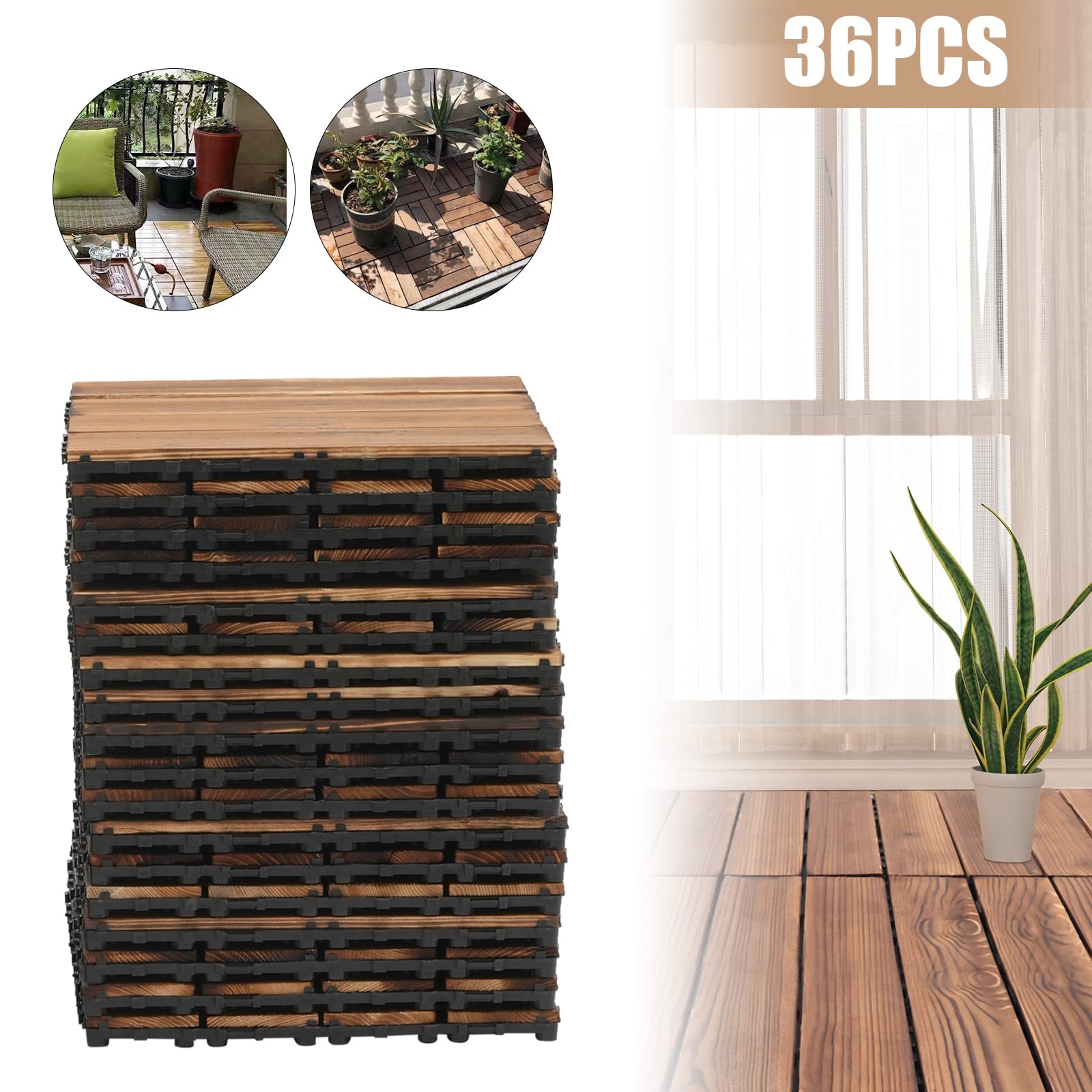 Decking de WPC de 30 x 30 cm, juego de 36 azulejos de clic en imitación de madera, suelo resistente a la intemperie para balcón y terraza, azulejos con función de drenaje, color marrón