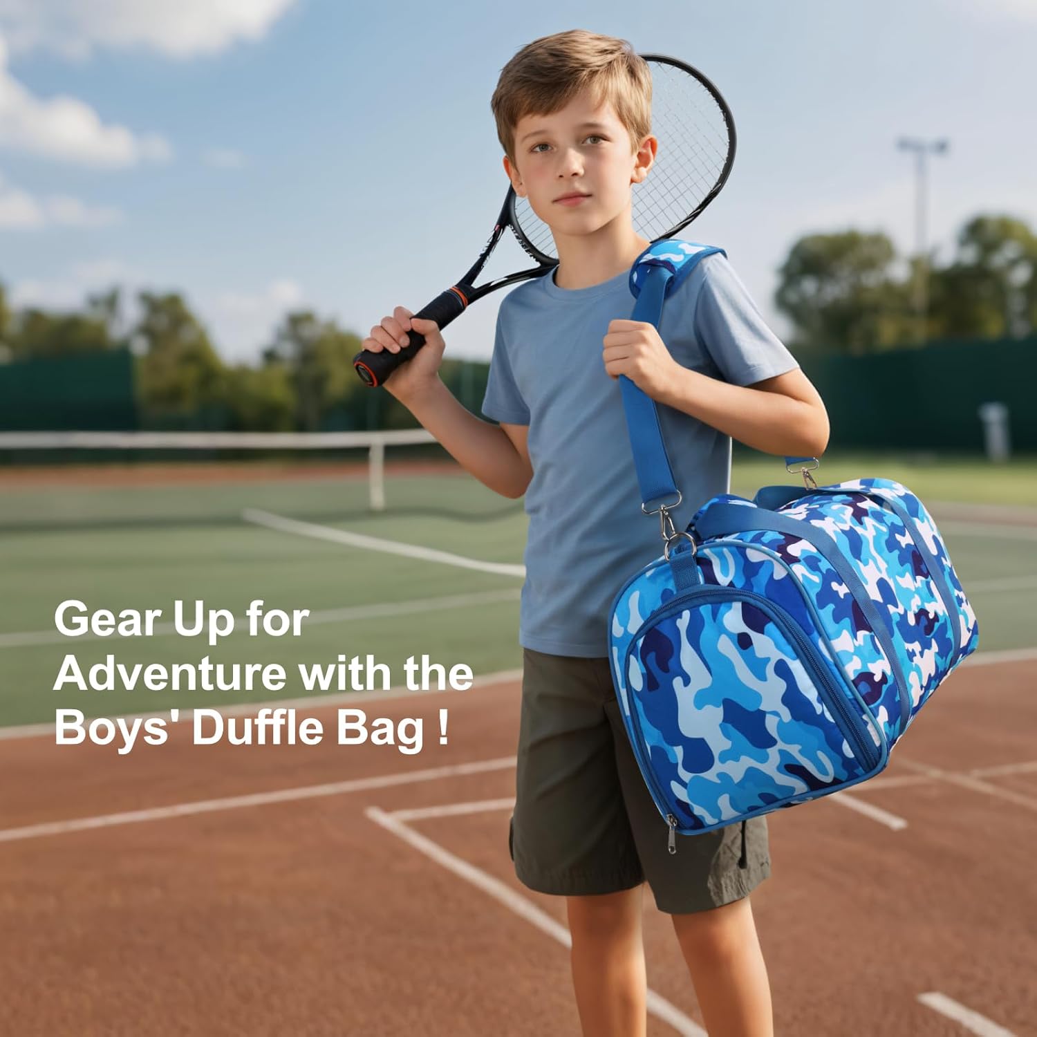 Bagseri Boys Duffle Bag for Travel - Kids Gym & Sports Bag with Shoe Compartment & Water Resistant Wet Pocket, Weekender for Camping & Sleepover (Blue Camo) - Image 5