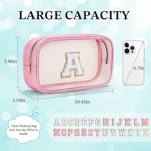 Miniatura 5 de YOOLIFE - Bolsa de aseo transparente con inicial, bolsa de maquillaje impermeable, regalo para el Día de la Madre, graduaciones y docentes, Rosa