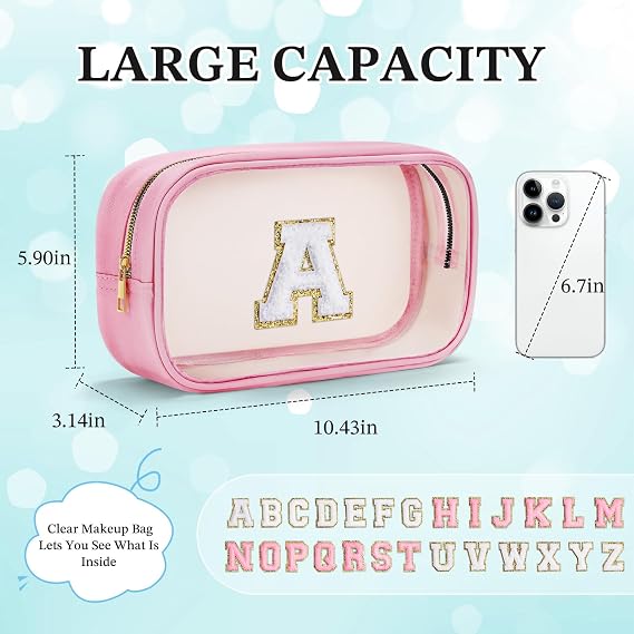 YOOLIFE Initial Birthday Gifts for Girls Kids Clear Makeup Bag Preppy Cosmetic Bags Organizer Travel Essentials Pink Gifts for Girls Teen Girlfriend Teacher Kids Birthday Gift Preppy Stuff M