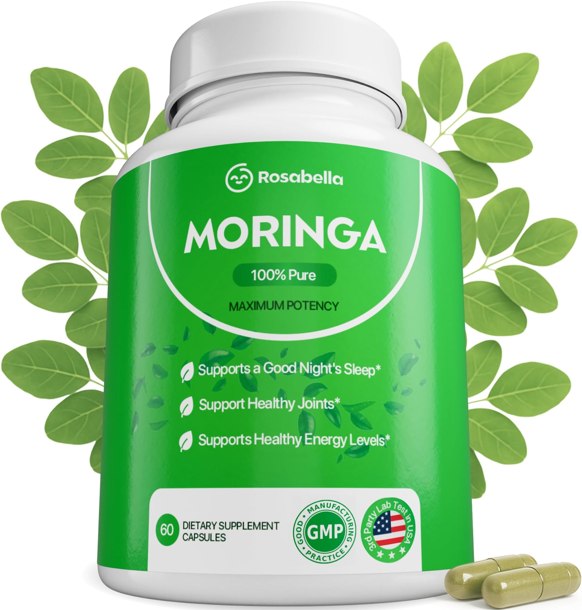 Rosabella Moringa Capsules - Pure Moringa Powder, Energy, Skin, Immune & Gut Health Superfood, Rich in Antioxidants, Essential Vitamins & Amino Acids, Natural Green Superfood Supplement - 60 Count