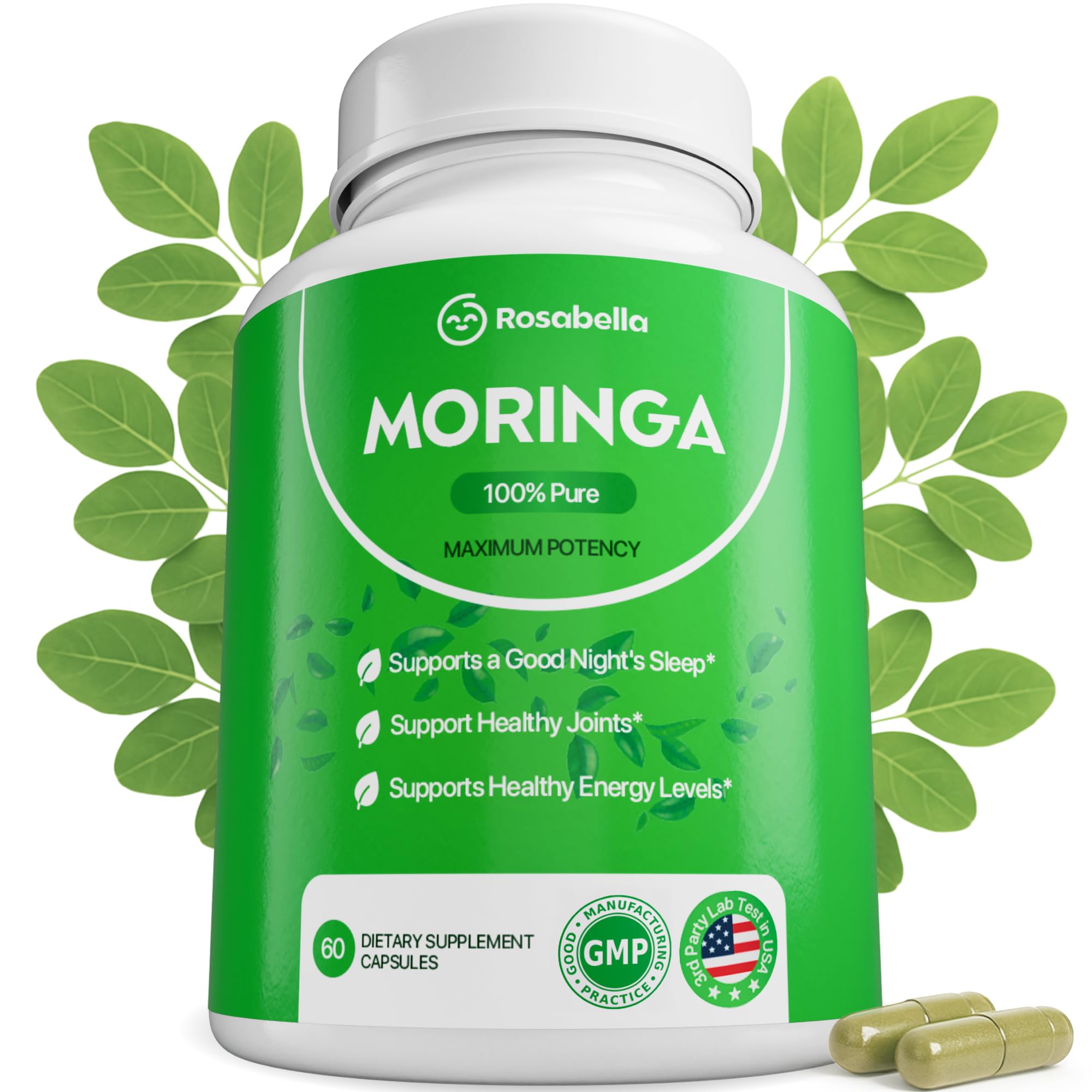 Rosabella Moringa Capsules - Pure Moringa Powder, Energy, Skin, Immune & Gut Health Superfood, Rich in Antioxidants, Essential Vitamins & Amino Acids, Natural Green Superfood Supplement - 60 Count