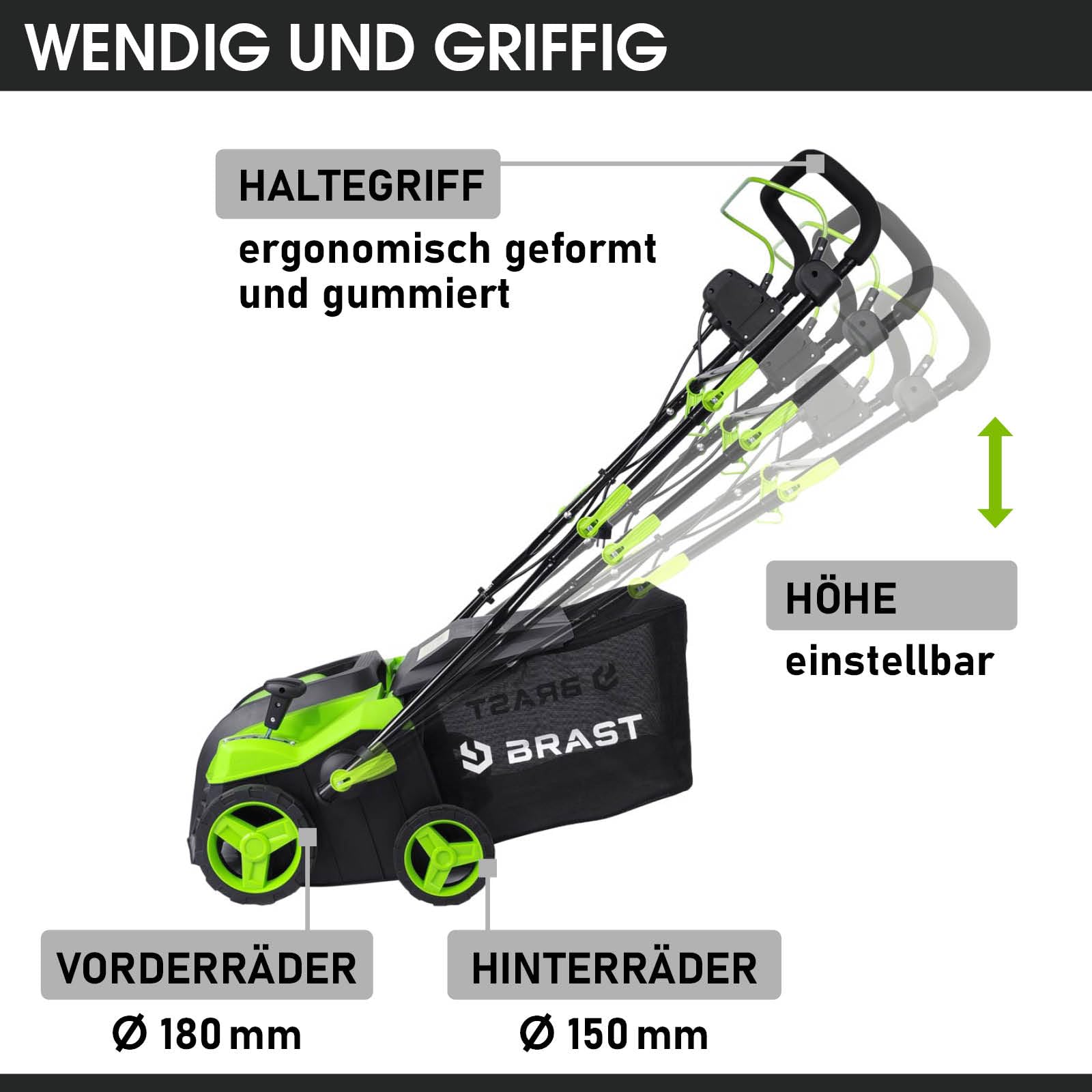 BRAST Vertikutierer Elektro Rasenlüfter | 1500-2000 Watt | 32-40cm Arbeitsbreite | 3 Modelle | großer Fangkorb Transportgriff & Klappbar | für kleine bis sehr große Rasenflächen | BRE-RV-4000