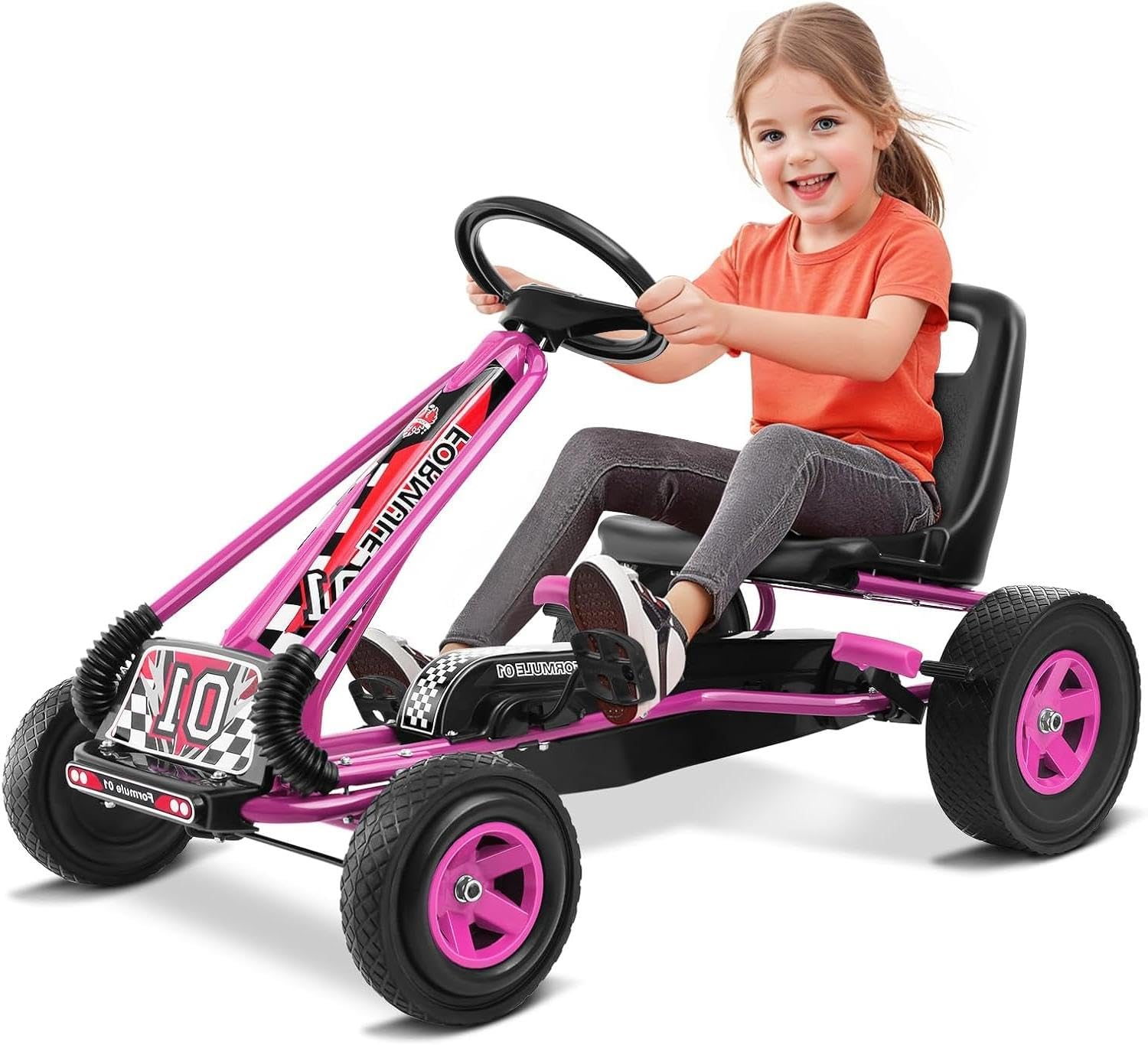 GLACER Go Kart for Kids, 4 Wheels Pedal car w/Adjustable Seat & Hand Brakes, EVA Tires, Pedal Powered Outdoor Racer for Boys & Girls, Ride on Toy (Pink)