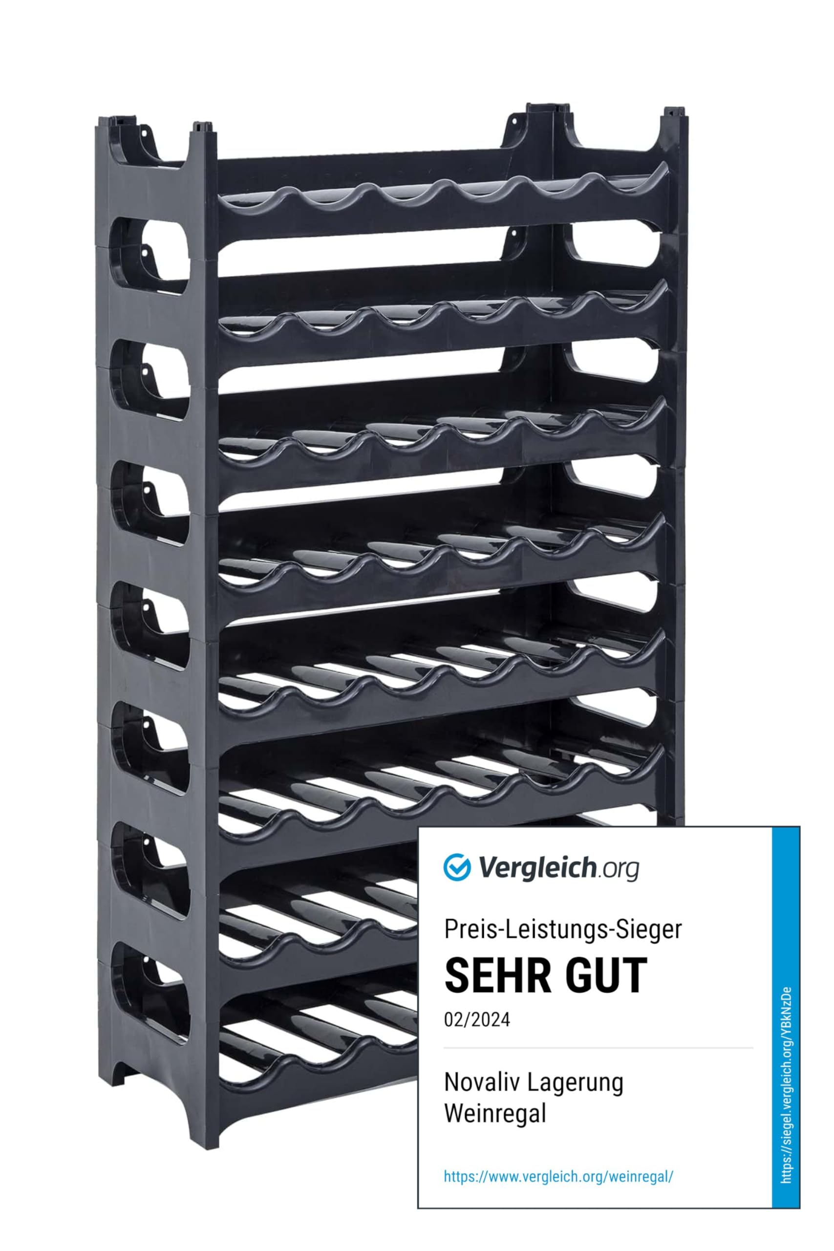 Novaliv - Scaffale portabottiglie per 48 bottiglie, impilabile, per vino, in plastica robusta, grigio antracite, 8