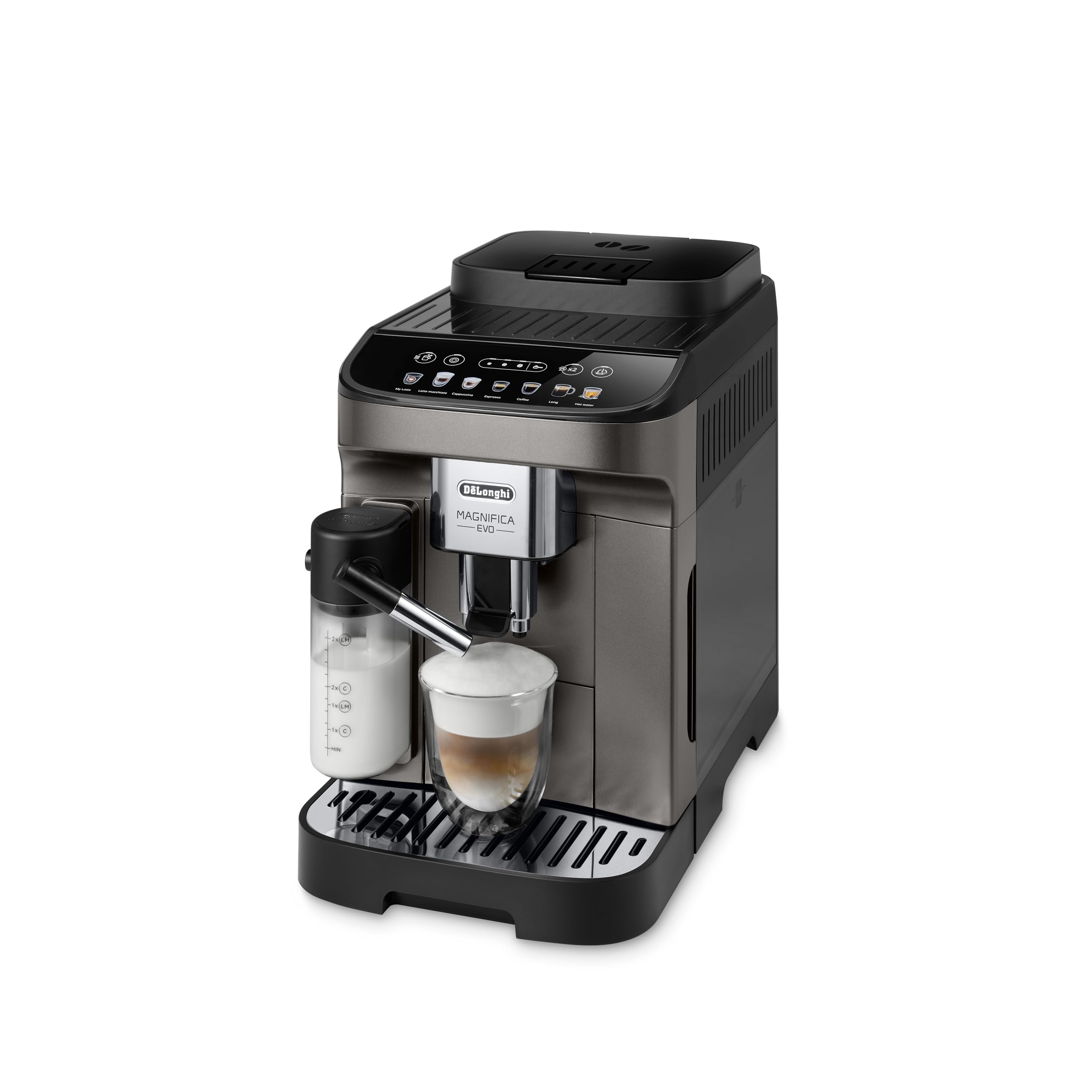 De'Longhi Magnifica Evo ECAM290.83.TB, Máquina de Café en Grano Totalmente Automática con Espumador de Leche, Tamaño Compacto, 7 Recetas, Pantalla Táctil a Color, Titanio/Negro