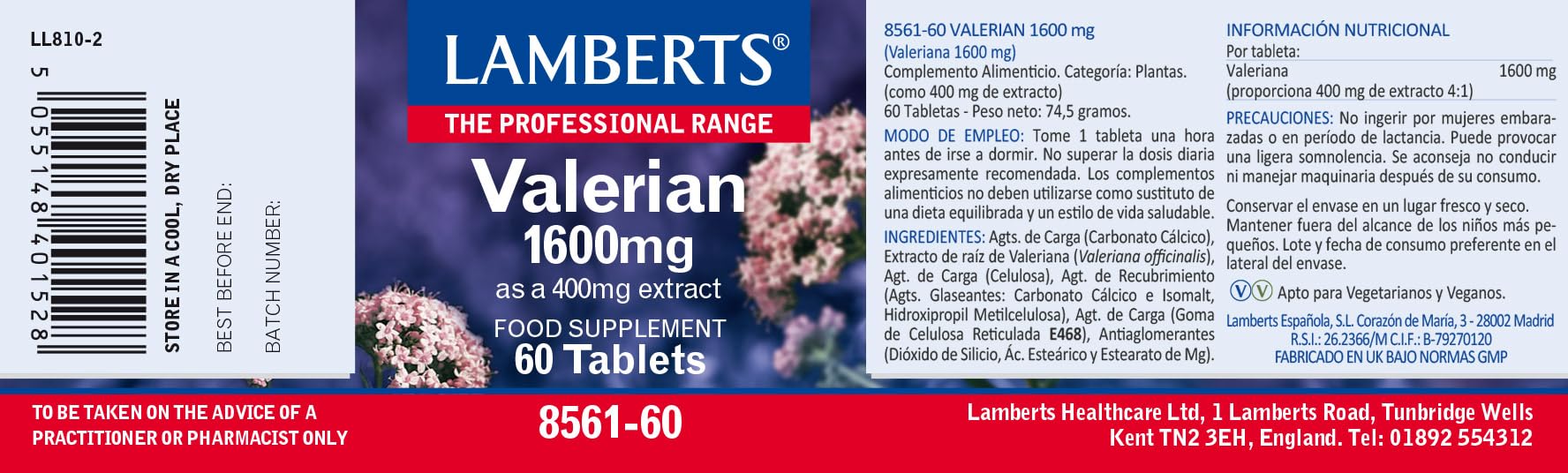 Lamberts Valeriana 1600 mg - 60 Tabletas