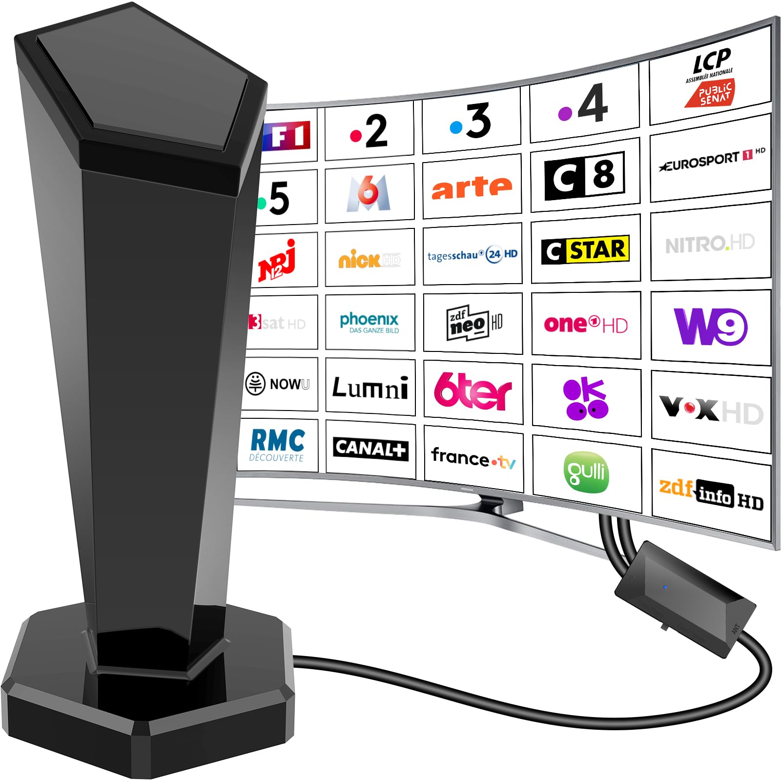 Antenna TV interna potente TNT,460+KM Antenna TNT InteRieur con amplificatore di segnale ad alto guadagno, ricezione a lungo raggio a 360°, compatibile con Smart TV 1080P 4K DVB-T2