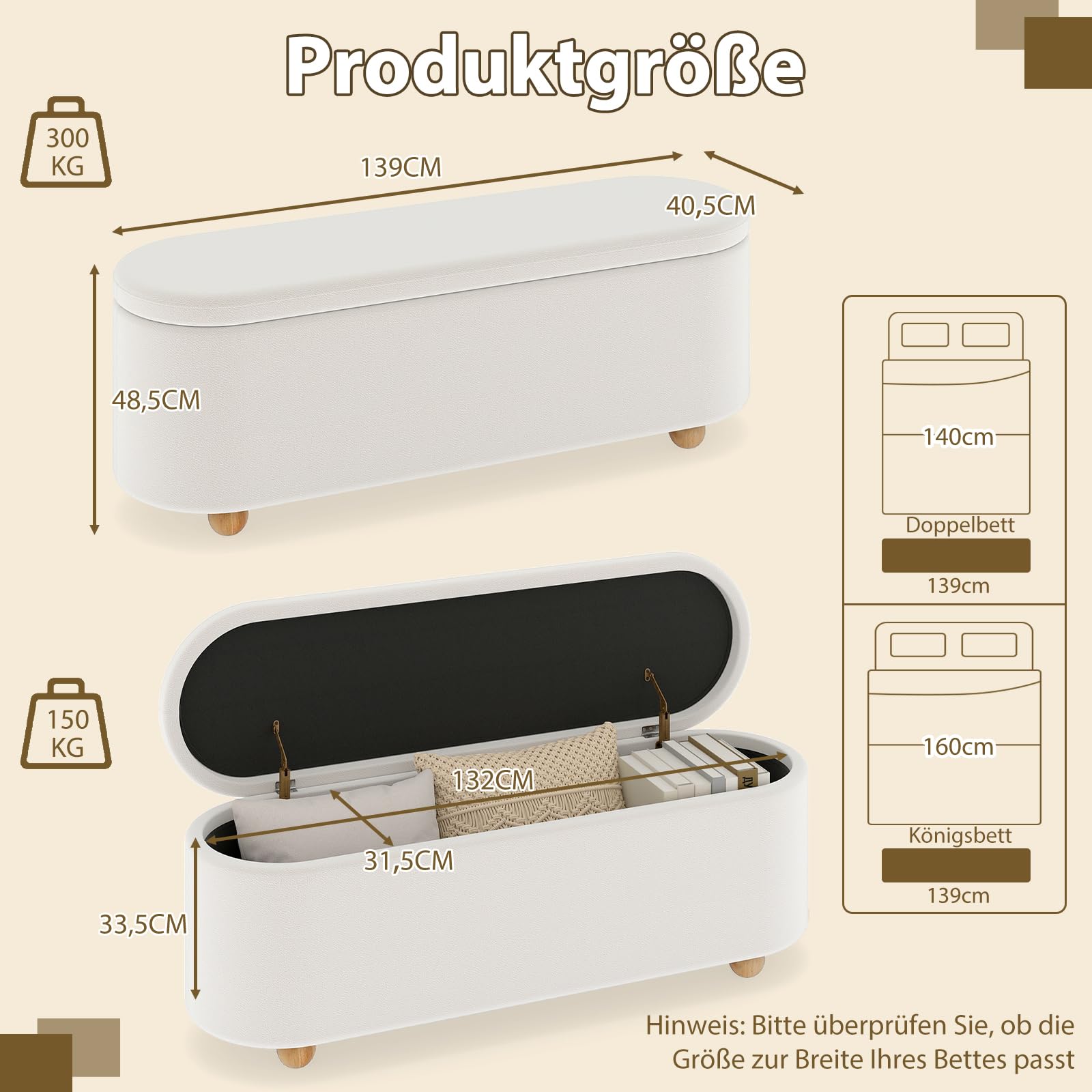 COSTWAY Sitzbank mit Stauraum 150L, 139cm Sitztruhe mit Klappdeckel, als Bettbank & Flurbank & Fußhocker, Aufbewahrungskiste gepolstert für Schlafzimmer, Wohnzimmer, Eingang, 139 x 40,5 x 48,5cm, weiß