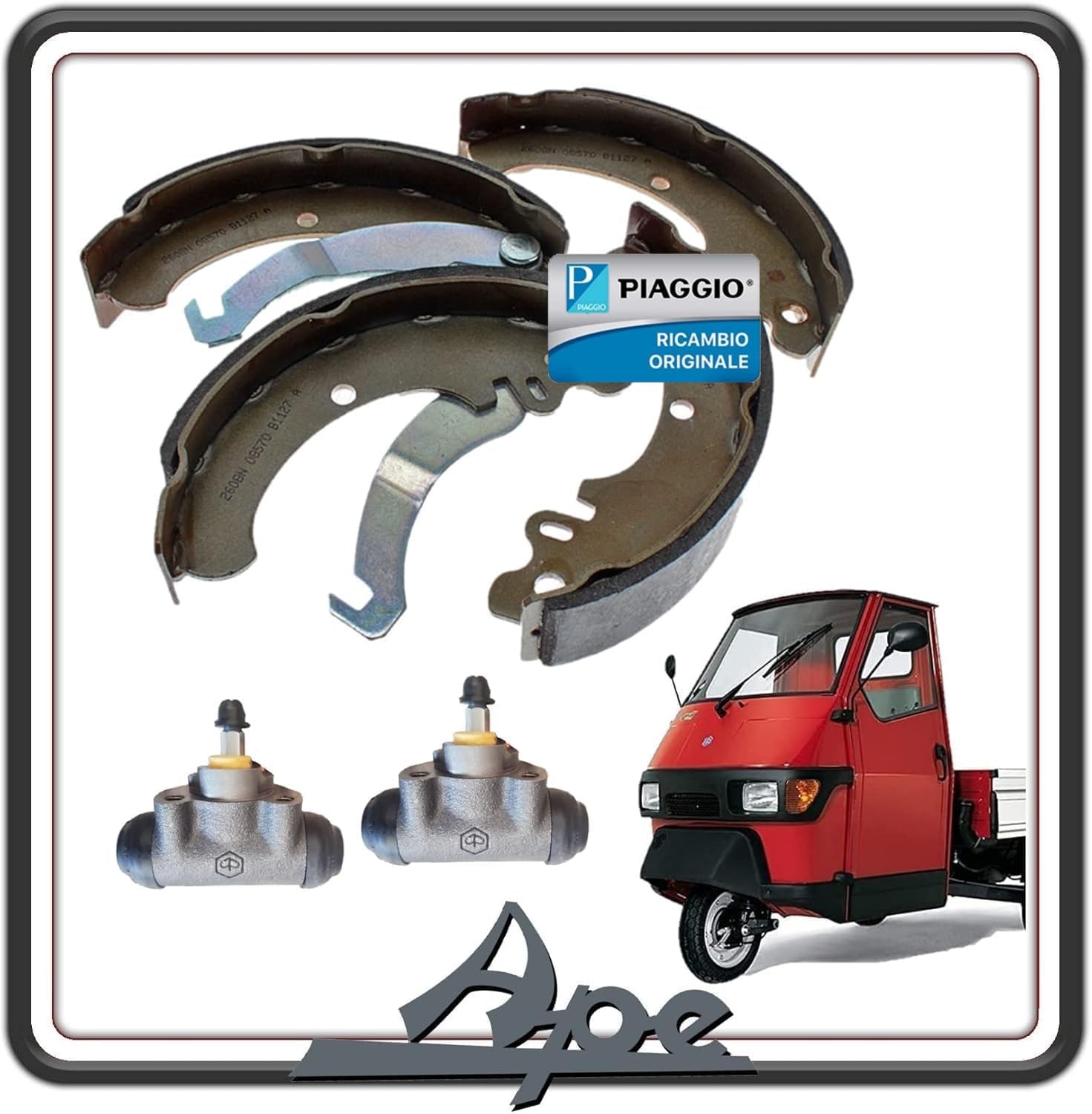 KIT COPPIA GANASCE FRENO FRENI POSTERIORI COMPLETO DI 2 CILINDRETTI FRENO PER PIAGGIO APE 50 TUTTI I MODELLI ORIGINALE.