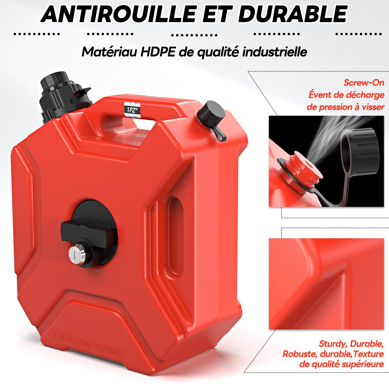 1PZ FR3-GT3 Bidon Carburant 5L et Réservoir Eau Jerrican Portable avec Bec Verseur - Support Véhicule Verrouillable - Pour Essence/Diesel/Eau - Universel Moto/SUV/VTT/UTV - PEHD Résistant aux Chocs