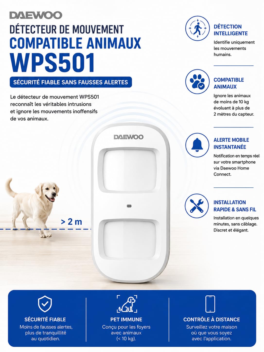 Daewoo WPS501 | Détecteur de Mouvement Pet Immune, Compatible avec Les Animaux | pour alarmes Daewoo | Technologie 868Mhz