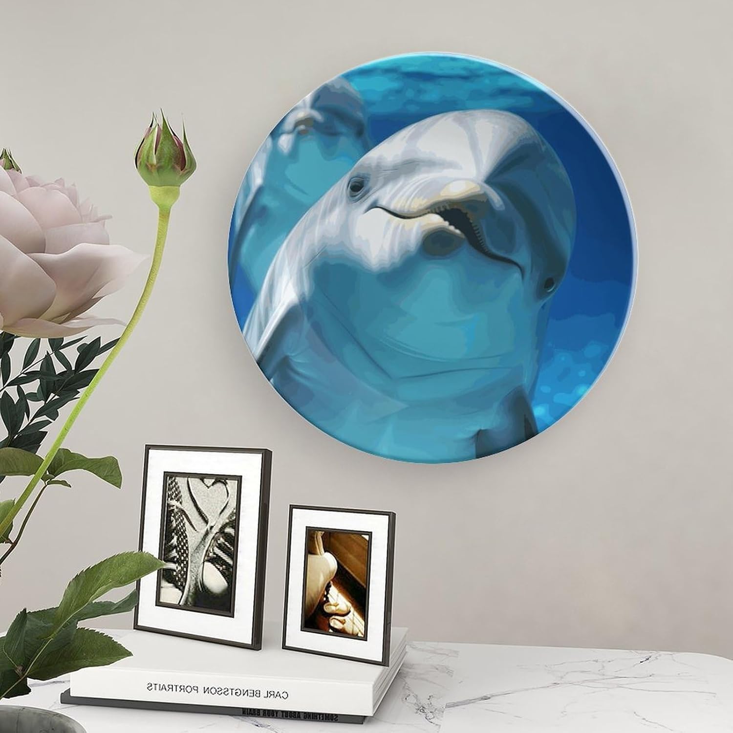 Dolphin with A Smile Bone China Decorative Plate with Display Stand, Ceramic Ornaments Plate for Wall Hanging, Personalized Porcelain Plates for Office, Living Room 8inch