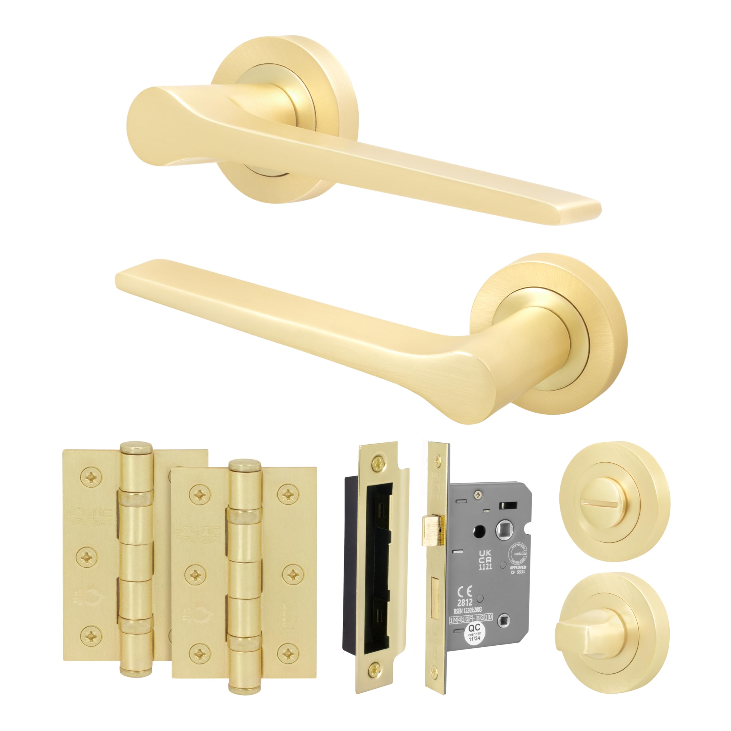 EAI Brass Door Handle Bathroom Set, Satin Brass Internal Door Handle with 64mm Bathroom Lock and 76mm Hinges, Tarna Range 1 Pack