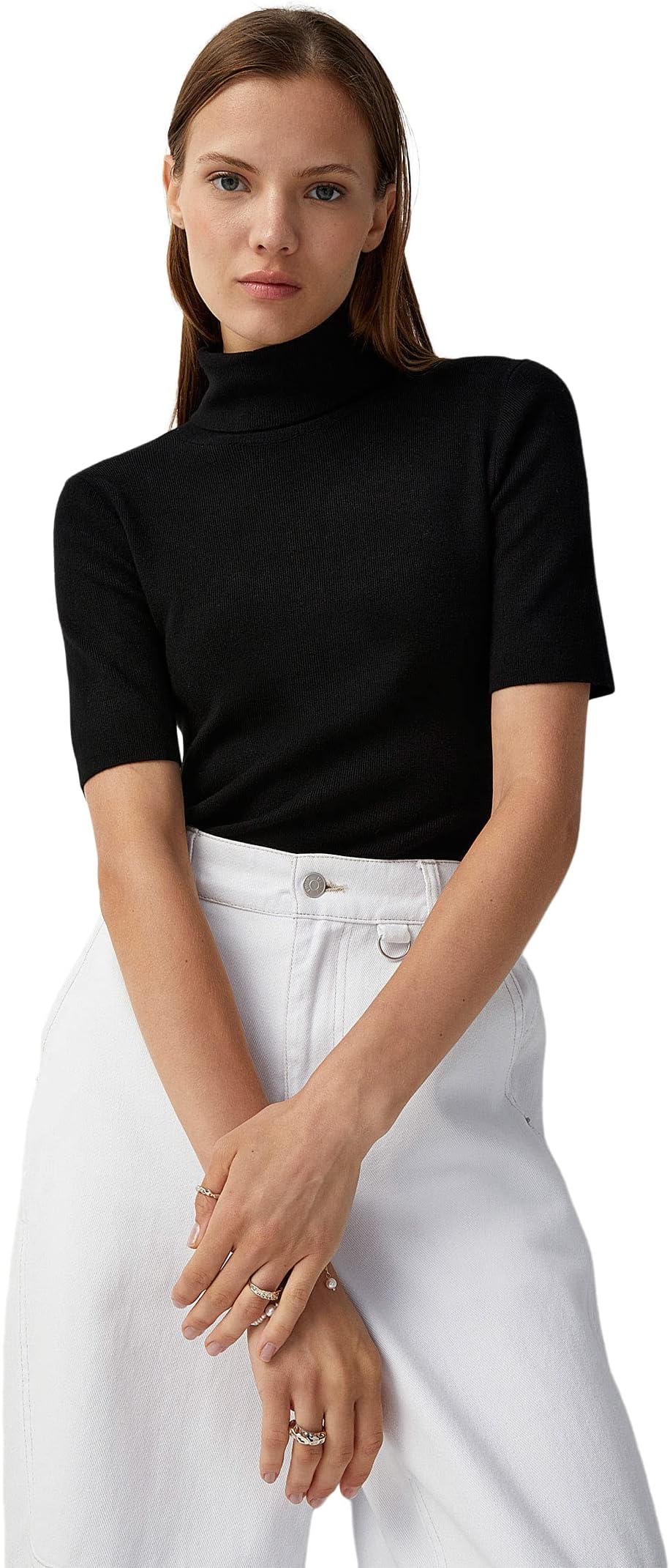 SIGHTBOMB Turtle Neck Half Sleeve Ribbed Tops For Women (Small-Medium, Black, Slim Fit)