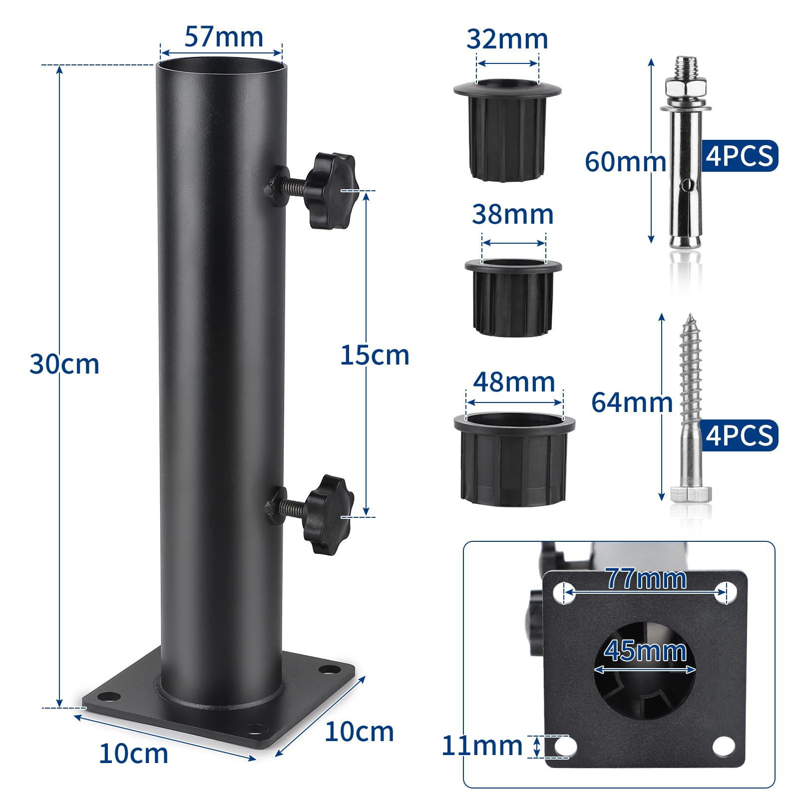 efuturetime Pied Parasol, Tube de Parasol, Support Parasol Metal Réglable avec 3 Anneaux de Réduction en PVC (32/38/48mm), Tube pour Pied de Parasol avec 8 Clous en Acier, Noir