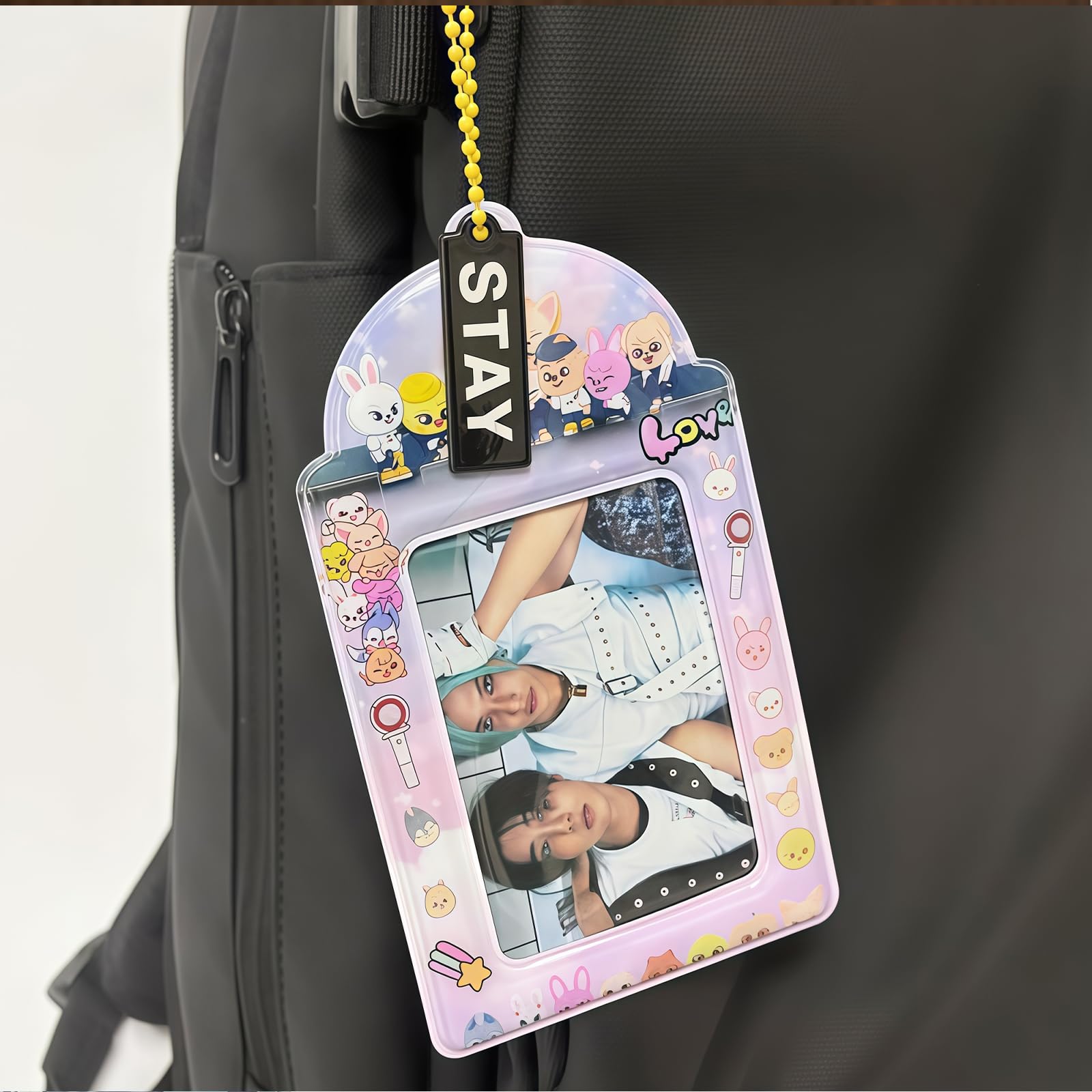 Yamobi Stray Kids Photocard Holder, śliczny uchwyt na karty z łańcuszkiem, dekoracyjna zawieszka na karty Stray Kids i gadżet K-Pop (różowy)
