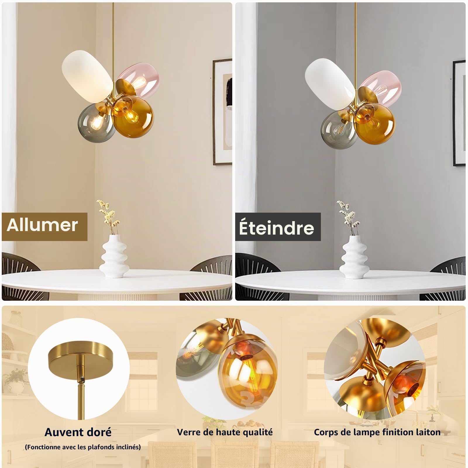 KCO Lighting Lustre Moderne 4 Ballons Verre Coloré Doré, Suspension Réglable Îlot Cuisine Chambre Salon