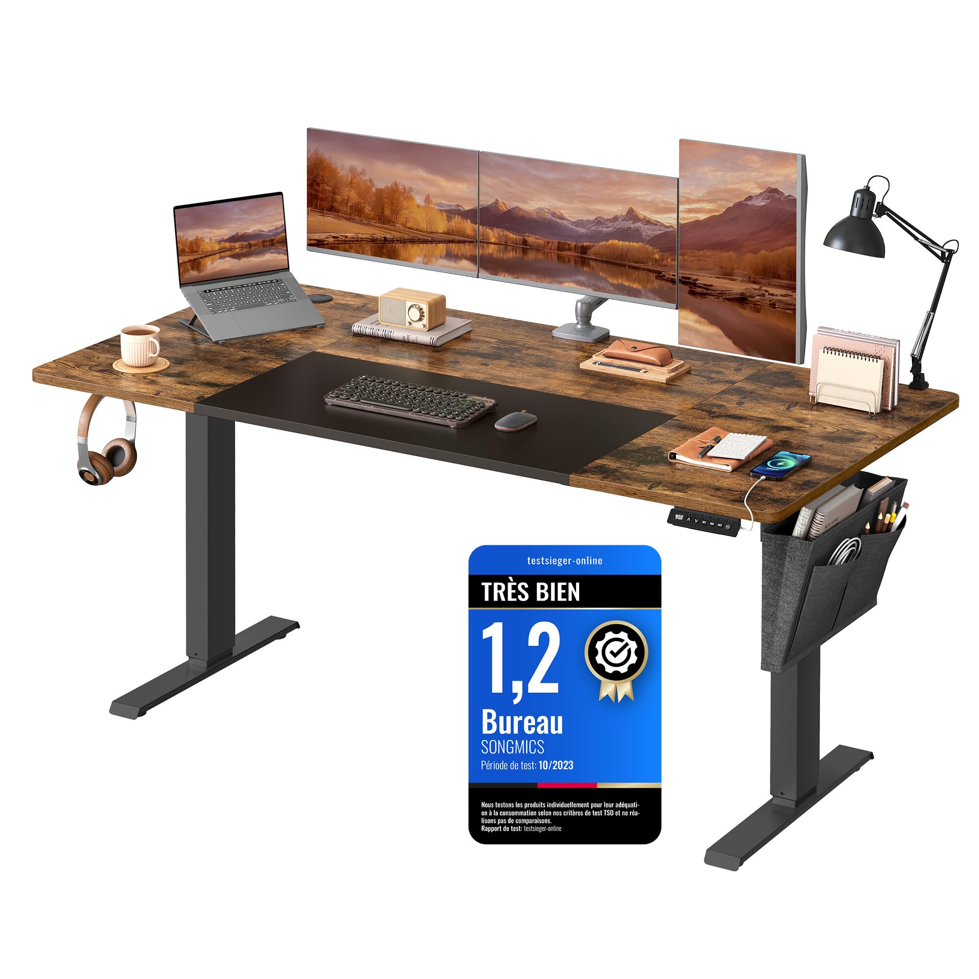 SONGMICS Bureau Électrique Réglable en Hauteur, 160 x 70 cm, Table Assis-​Debout, Fonction Mémoire 4 Hauteurs, pour Bureau, Télétravail, Marron Rustique et Noir d'encre LSD026X01