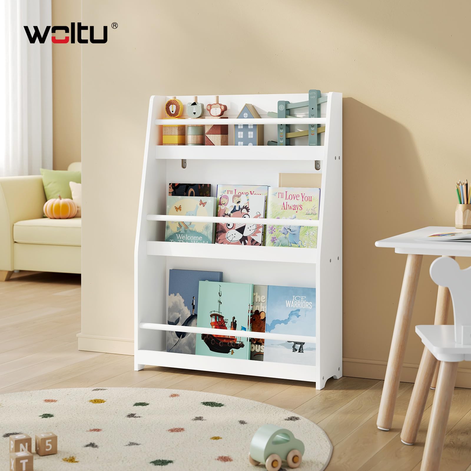 WOLTU Bibliothèque Enfant, Meuble Rangement Enfant, à 3 Niveaux | Blanc, en MDF et Bois