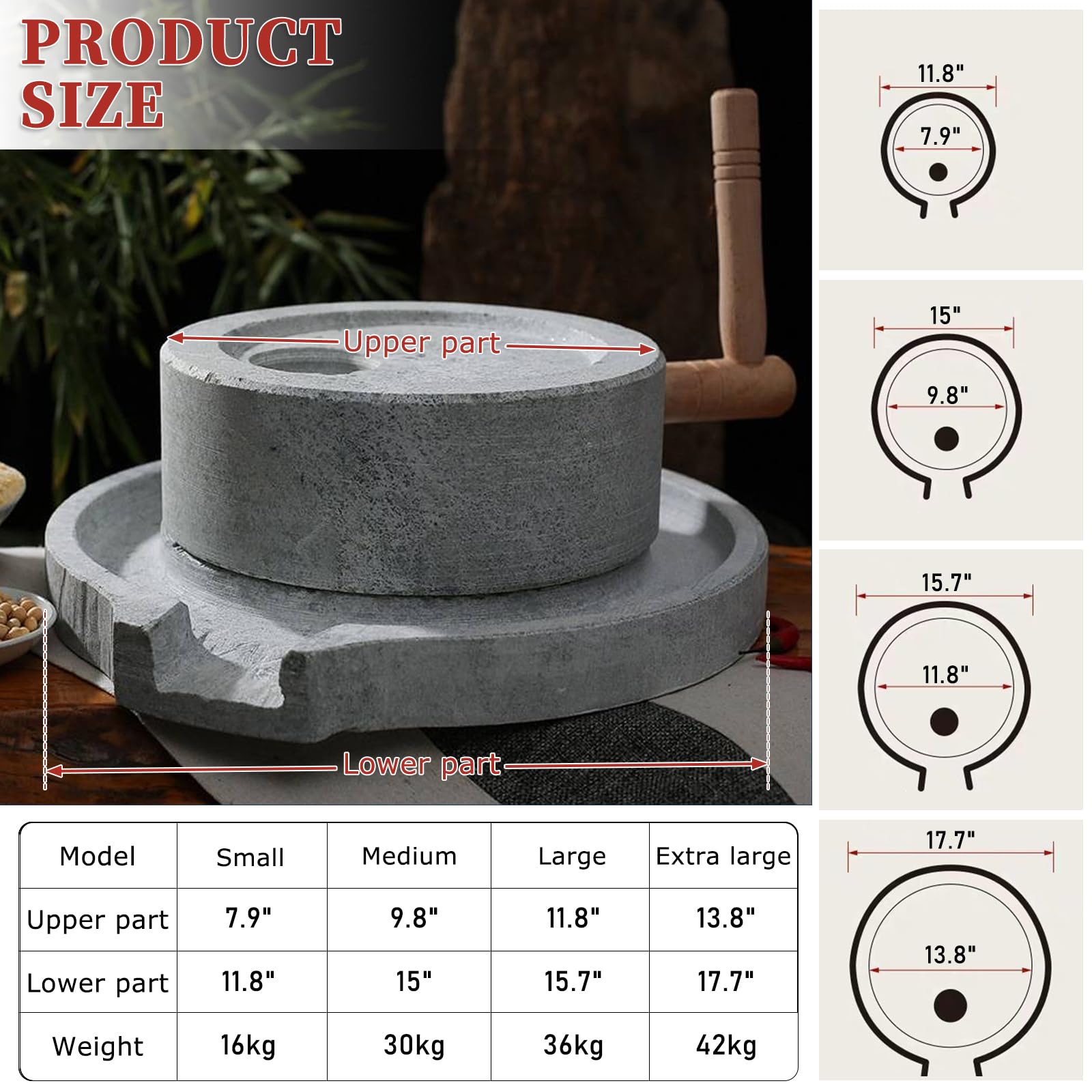 Manual Stone Mill with Wooden Frame – Natural Bluestone Hand Grain Grinder for Wheat, Corn, Rice, Beans, Spices, Flour, Tofu, Cereal, Dry & Wet Grinding 11.8? × 15.8?