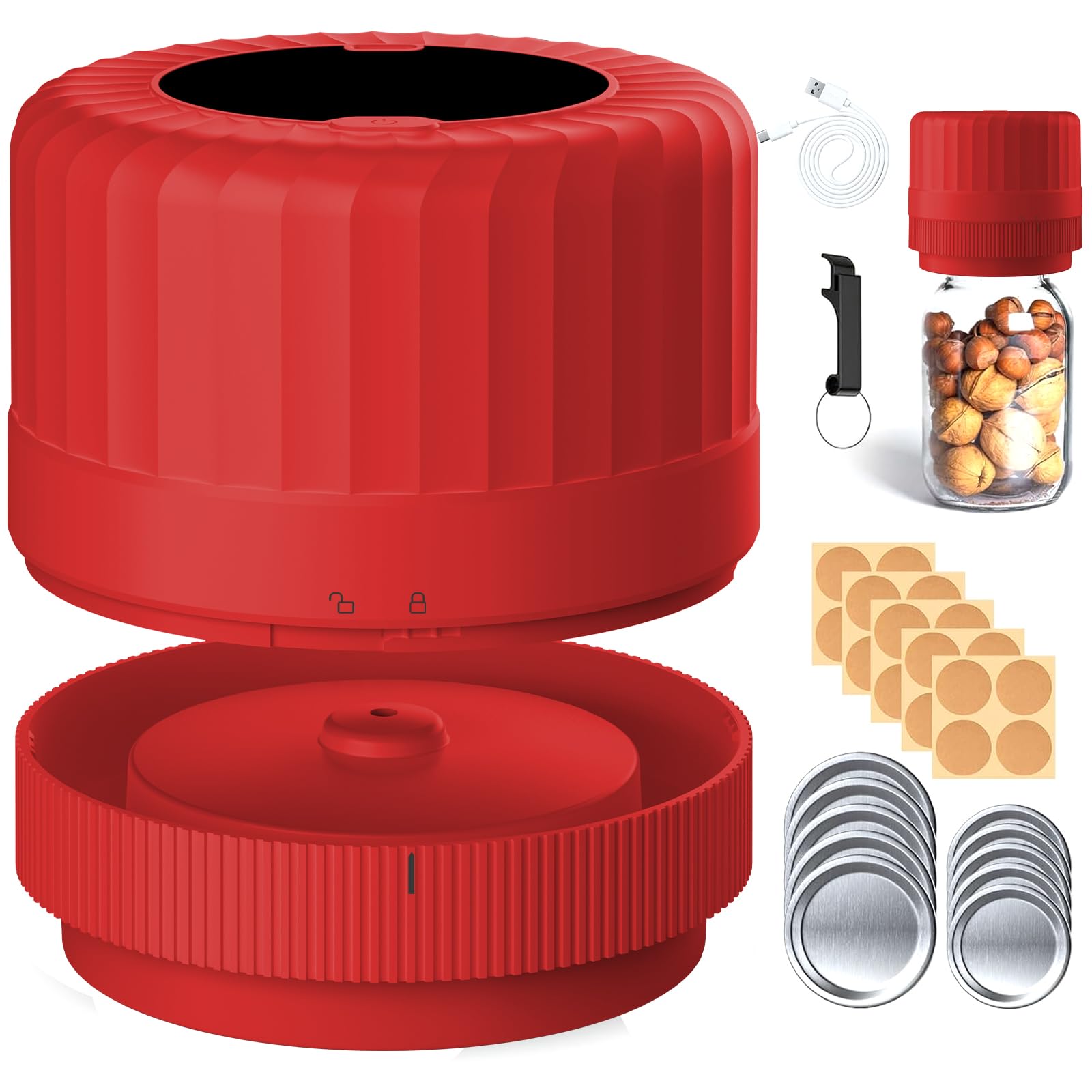 Sellador al Vacío Eléctrico para Tarros Mason – Kit Automático Rojo para Tapas Normales y de Boca Ancha, Rápido y Práctico para Conservas, Fermentados y Despensa