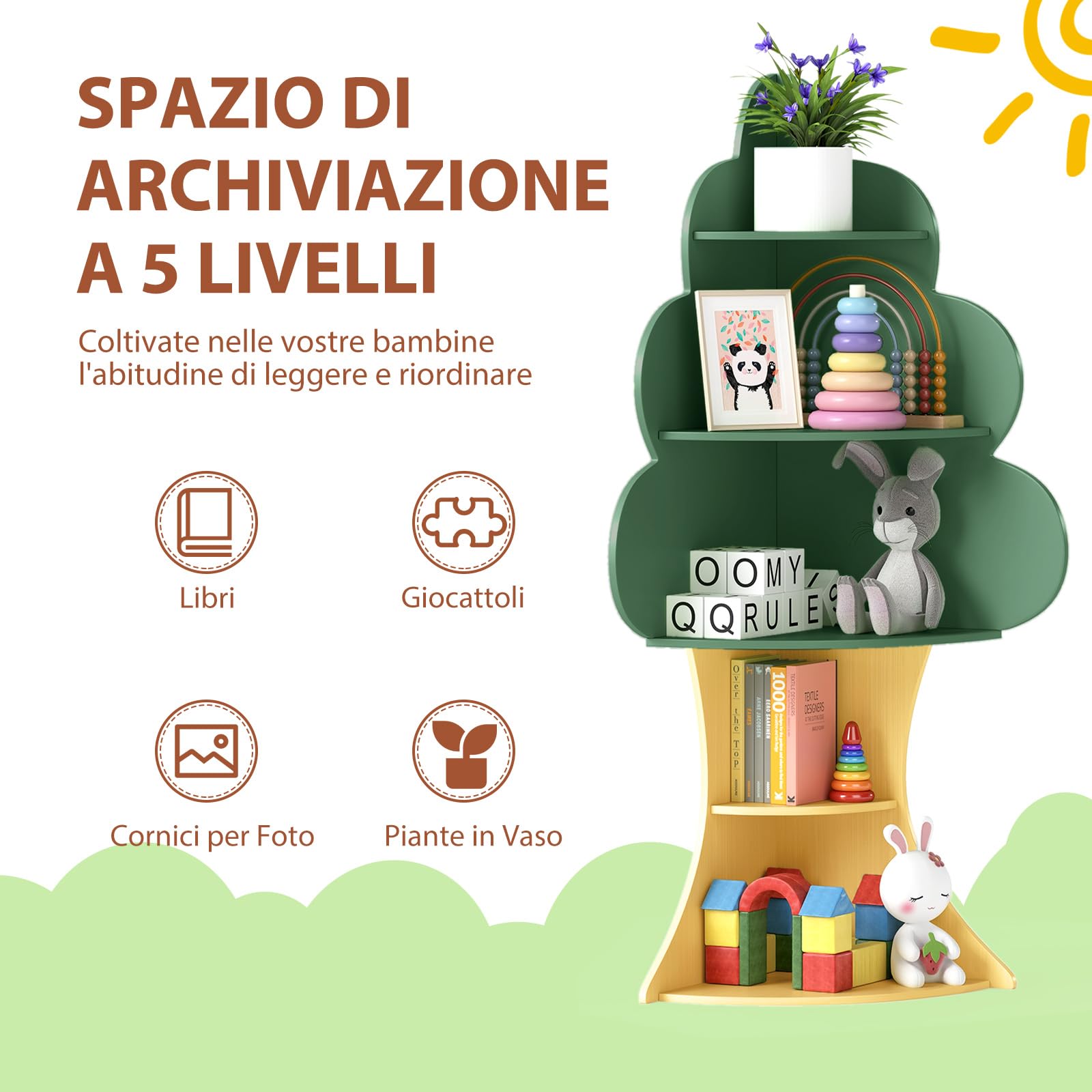 COSTWAY Libreria ad Albero per Bambini, Espositore per Libri a 5 Livelli con Anti-Ribaltamento, Libreria Angolare Salvaspazio per Camera da Letto Sala Giochi Asilo e Aula