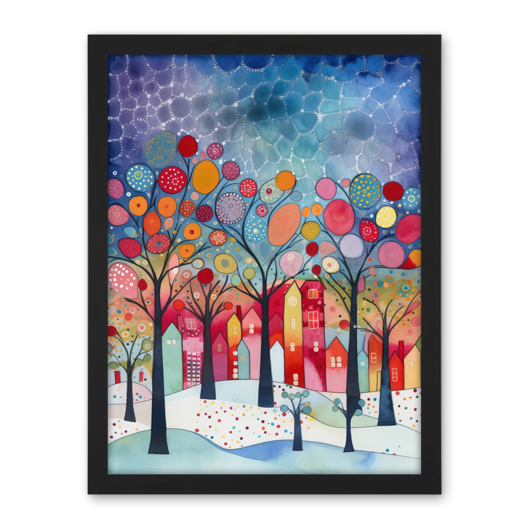 Artery8 Winter Abstract Village Folk Art Artwork Framed Wall Art Print 18X24 Inch