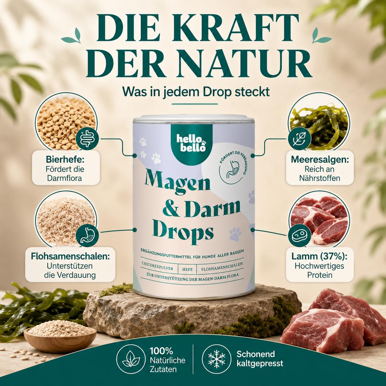 HELLOBELLO Kaltgepresste Magen-Darm Drops für Hunde gegen Sodbrennen 350g Soft mit Bierhefe, 37% Lamm & Meeresalge - Gras und Kotfresser Drops Hund, Gegen Sodbrennen, Magenschutz, Magen
