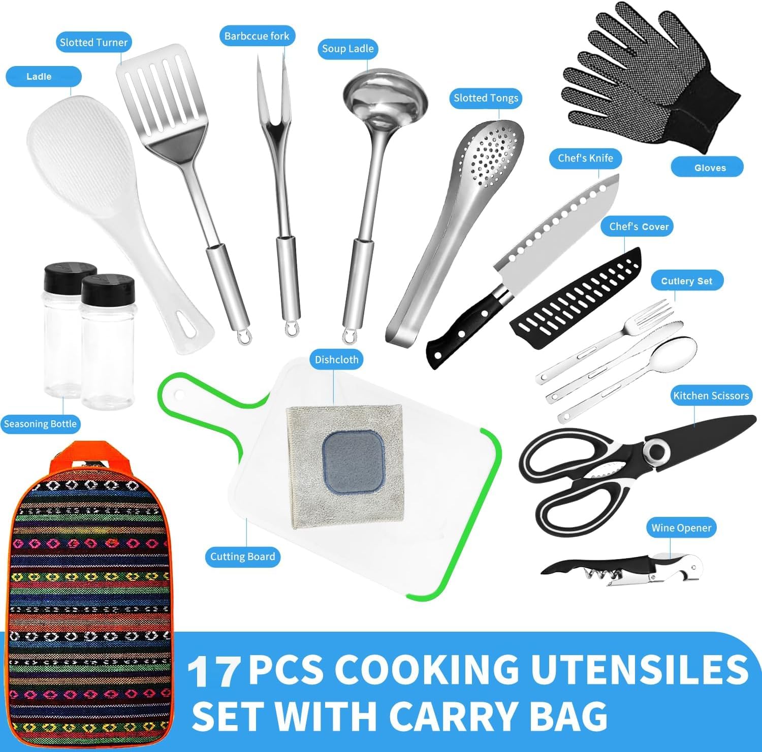 17PCS Portable Camping Kochgeräte Set - Camping Essentials mit Edelstahl, Mischfarben, 17PCS Größe - Mess Kit für Reisen, Picknicks, Wohnwagen, Grills, Wandern