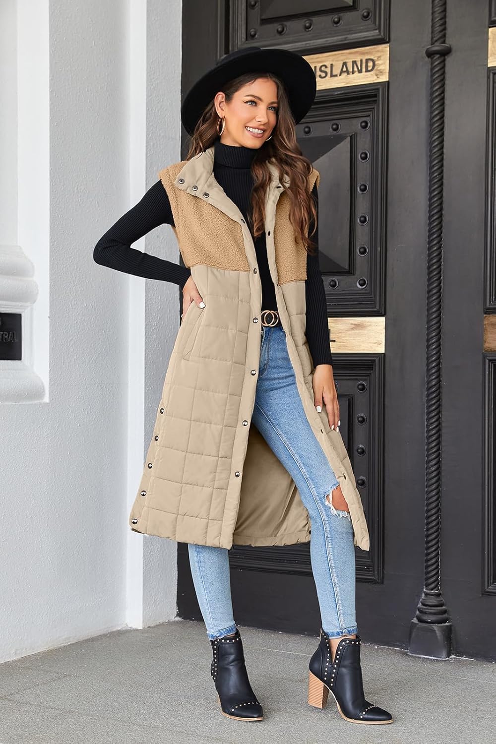 UMEKO Women's Long Puffer Vest Fleece Jacket Winter Button Down Sleeveless Coats - Image 4