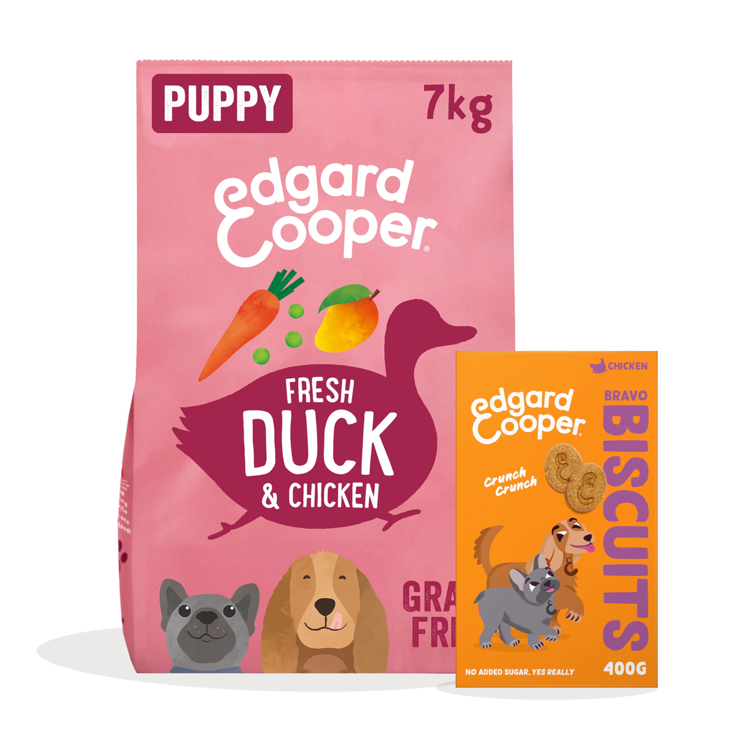 Edgard & Cooper Cibo Secco per Cani Cuccioli Anatra e Pollo Grain Free 7kg + Biscotti per Cani al Pollo 1x400g - Pacco Crocchette & Snack