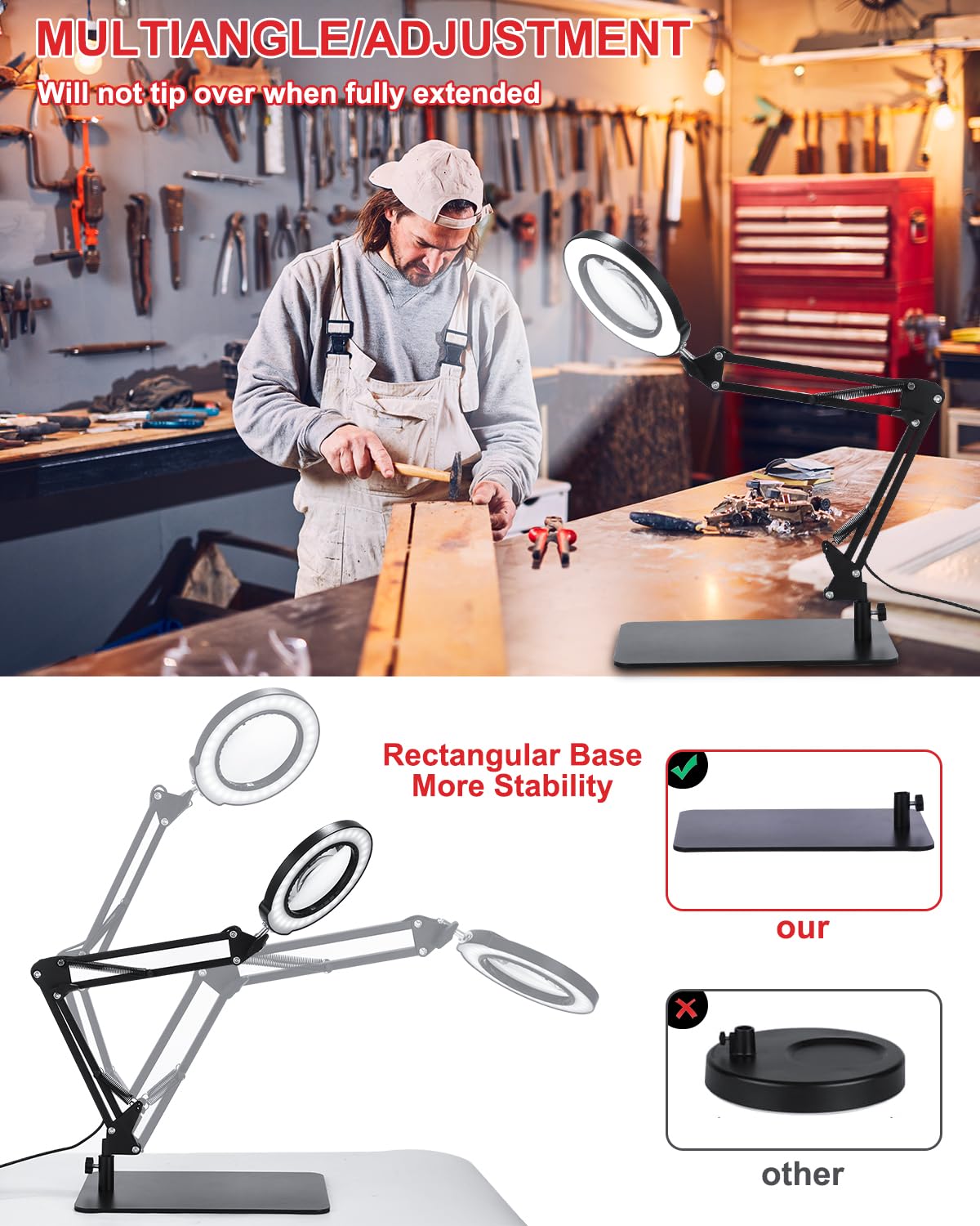 Lupe mit Licht und Ständer, 10X LED Lupenleuchte mit Klemme, LED Lupenlampe mit 3 Farbmodi Dimmbare, Lampe mit Lupe für handwerkliche Reparaturen Nahaufnahmen, Tischlupe mit Beleuchtung