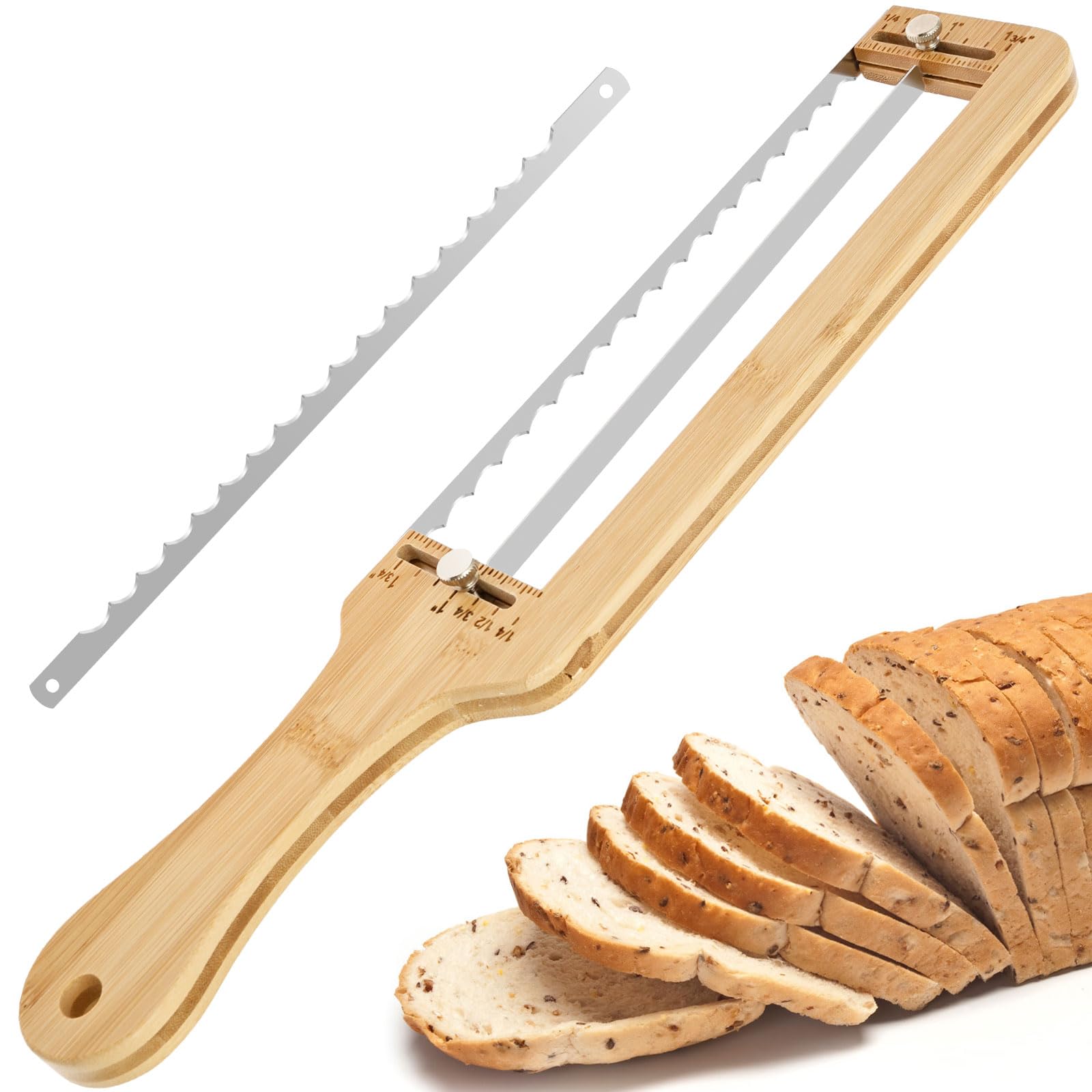 Wooden Bread Bow Knife, Serrated Bread Bow Cutter, Adjustable Breads Knife with Serrated Stainless Blade for Homemade Breads Sourdough Bagel Cake Fruit