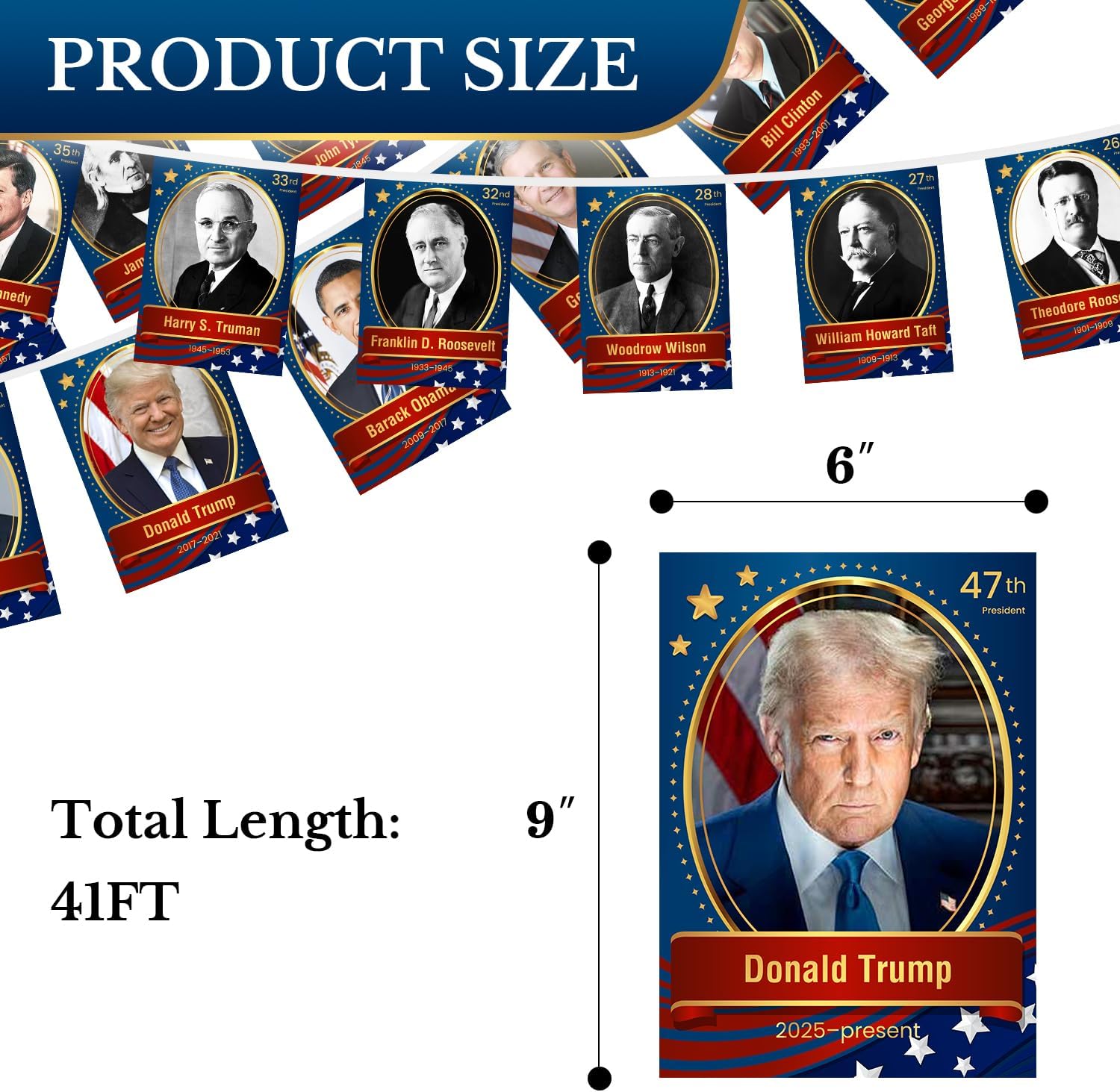 U.S. Presidents Portraits String Flags Banner for 250th Anniversary Decoration, 6x9 Inches Each, Double-Sided, 41 ft Long, Fade-Resistant, Vivid Colors, Indoor Outdoor Decor - Image 2