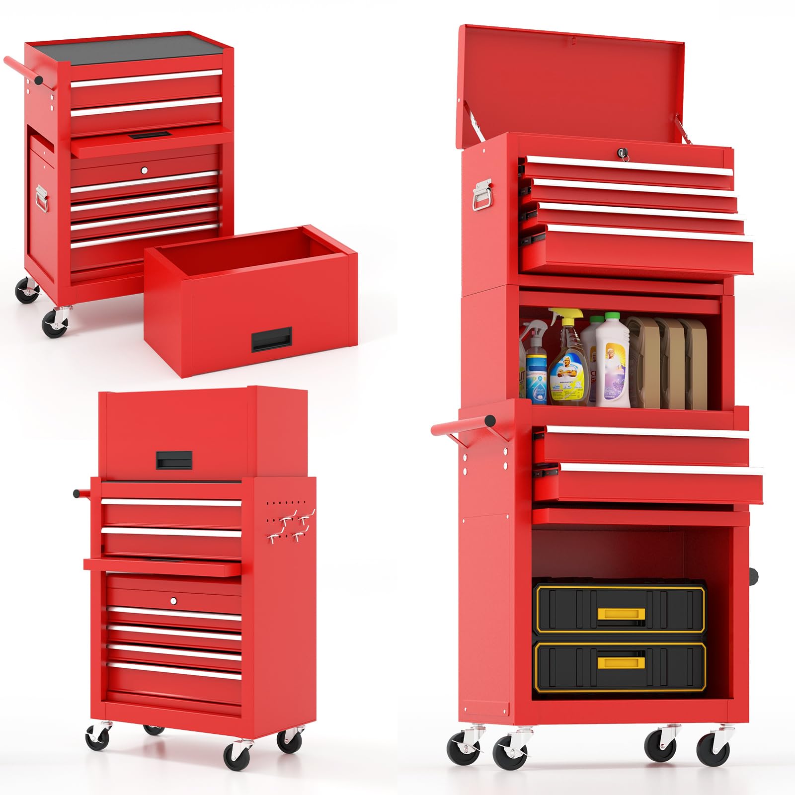 CHEFJOY Tool Chest, 5-Drawer Rolling Tool Storage Cabinet w/Auto Locking System & Lockable Wheels, Detachable Top Tool Box, Metal Tool Cart for Warehouse Garage Workshop Barbershop Repair Shop, Red