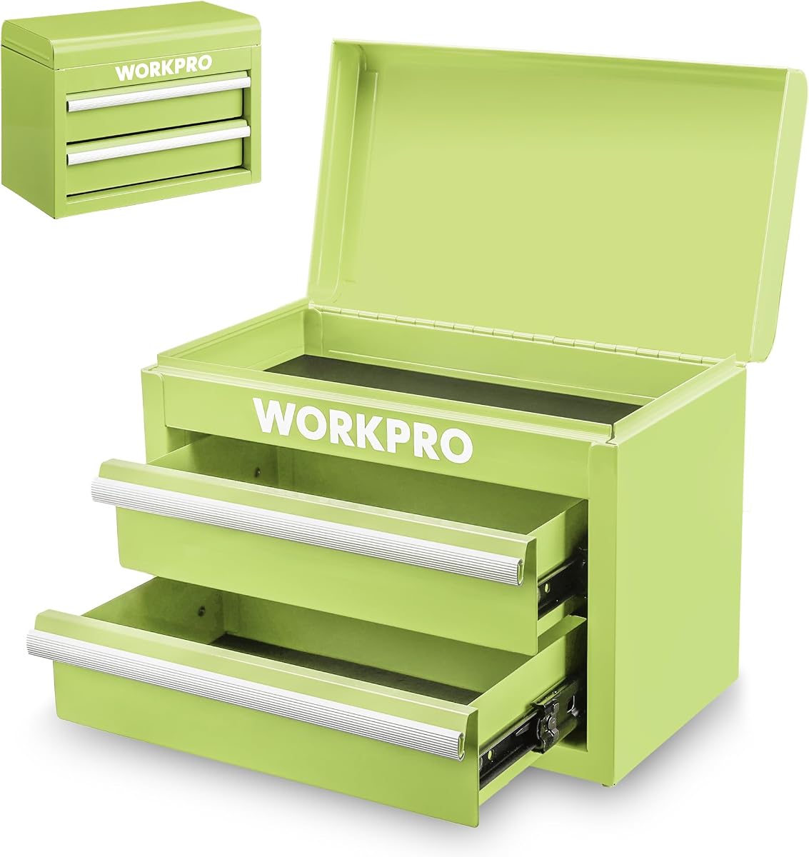 WORKPRO Metal Mini Tool Box with 2 Drawers and Top Storage | Cold Rolled Steel Toolbox, Ball Bearing Slides, PVC Drawer Liners, PP Feet Pads, Durable Storage