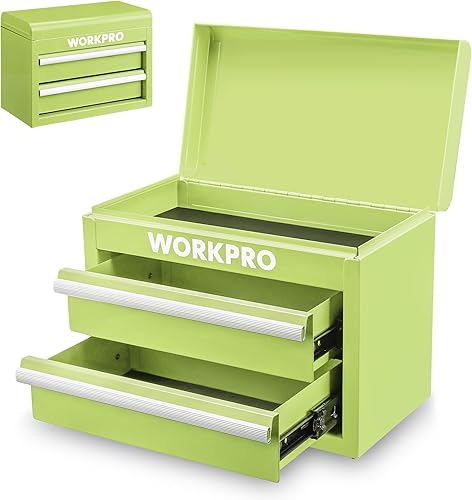 WORKPRO Mini caja de herramientas de metal, caja de herramientas superior que contiene dos cajones con deslizadores de rodamientos de bolas, forros