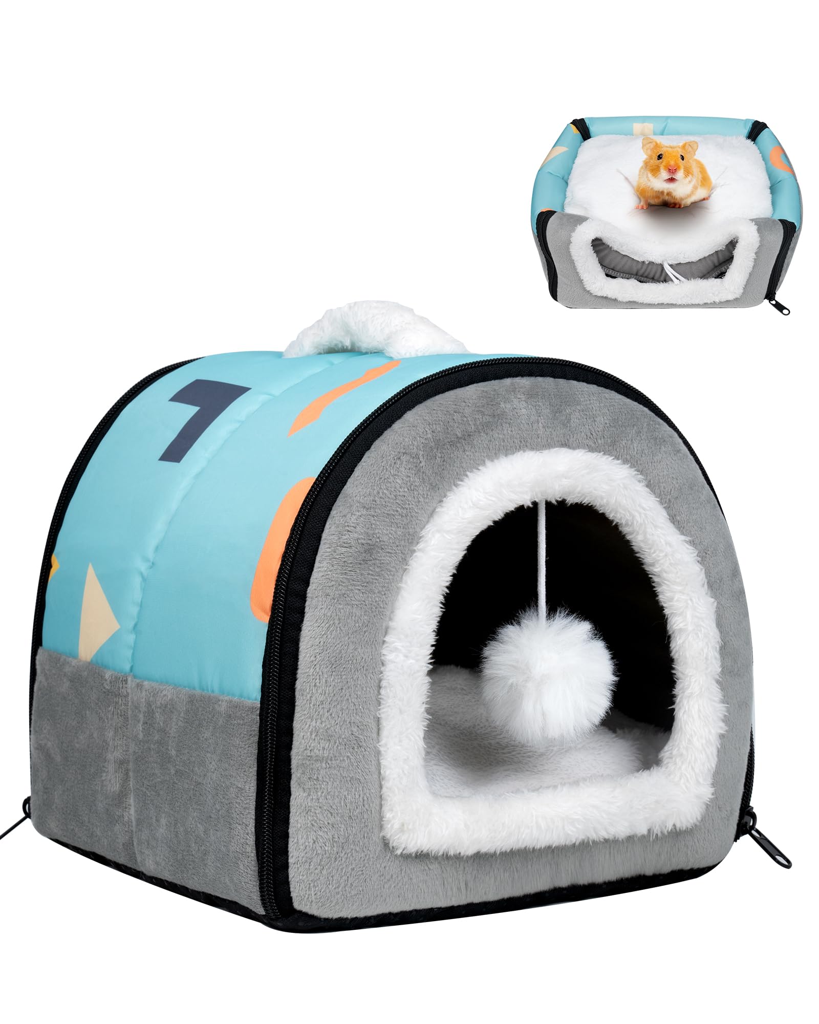 Pantula Guinea Pig Bed, 2 in 1 Guinea Pig Hedgehog House, Cozy Hamster Rabbit Bed with Removable Pad, Small Animal Hideout Beds for Hamster Ferret Hedgehog Chinchilla Rabbit (Blue House)
