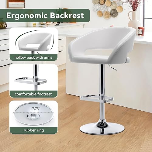 Miniatura 4 de Taburete de bar giratorio ajustable con brazos, respaldo hueco y reposapiés, modernos taburetes de altura de mostrador de piel sintética, silla de