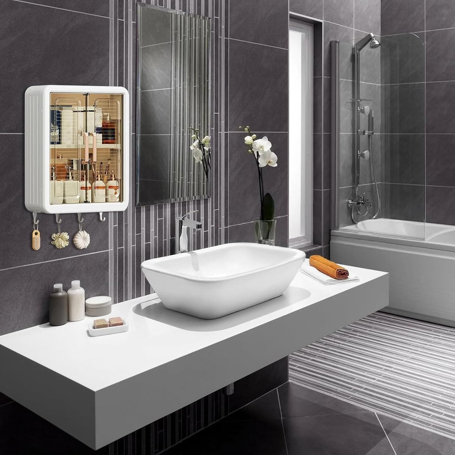 Dhruman Wall Mounted Bathroom Cabinet Organizer with Doors | No Drill Adhesive Hanging Storage Rack with Shelves & Hooks | Waterproof Plastic Bathroom Shelf for Shampoo, Skincare, Towels & Razor 3